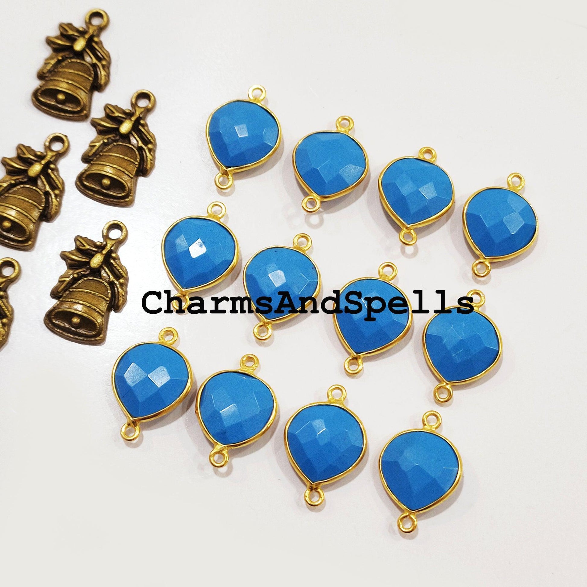 Turquoise Gemstone Gold Plated Bezel Connector, Gemstone Connector, 14x20 Blue Turquoise Connector, Double Bail Turquoise - Charms And Spells