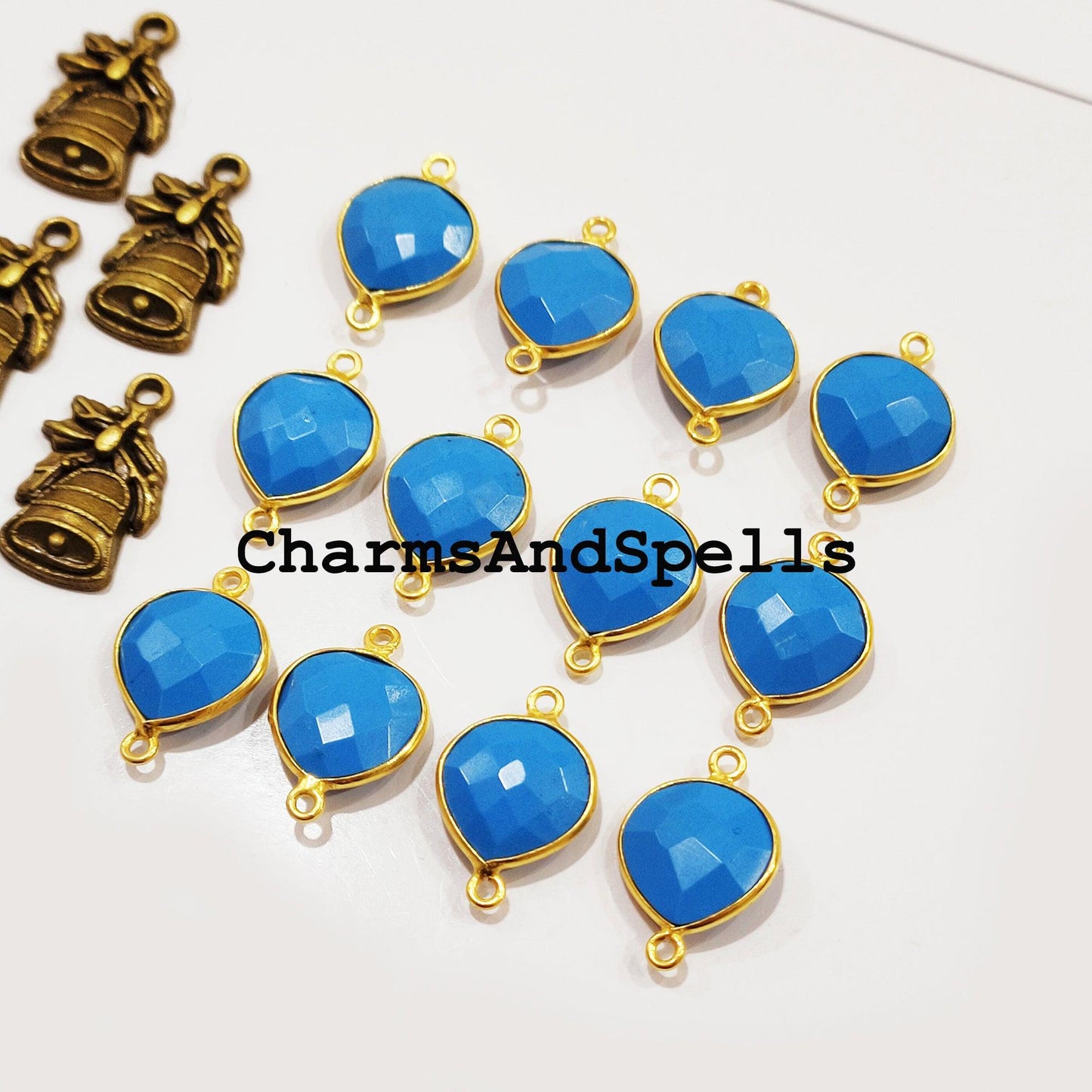 Turquoise Gemstone Gold Plated Bezel Connector, Gemstone Connector, 14x20 Blue Turquoise Connector, Double Bail Turquoise - Charms And Spells