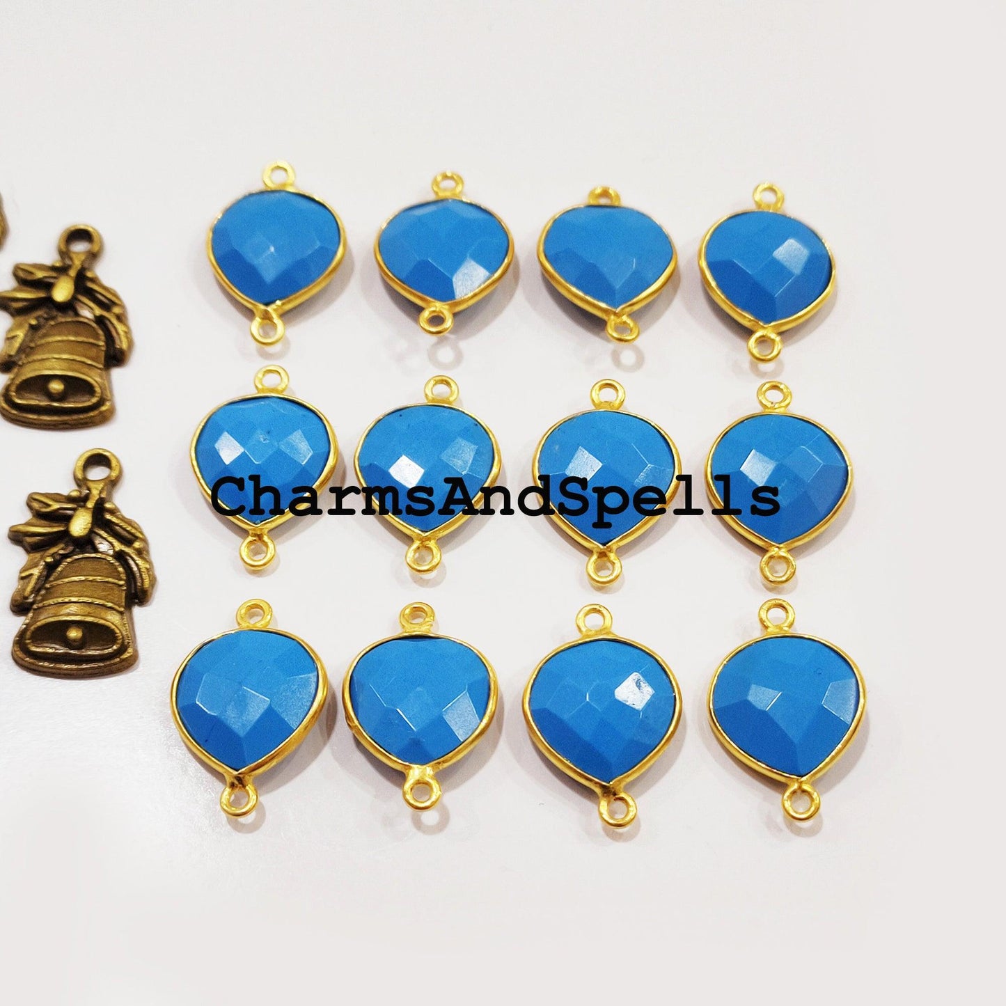 Turquoise Gemstone Gold Plated Bezel Connector, Gemstone Connector, 14x20 Blue Turquoise Connector, Double Bail Turquoise - Charms And Spells