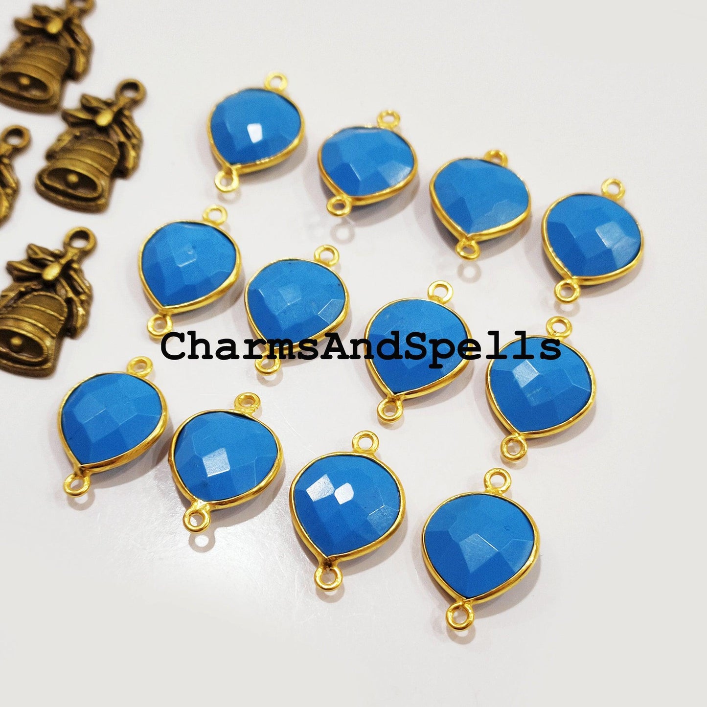 Turquoise Gemstone Gold Plated Bezel Connector, Gemstone Connector, 14x20 Blue Turquoise Connector, Double Bail Turquoise - Charms And Spells