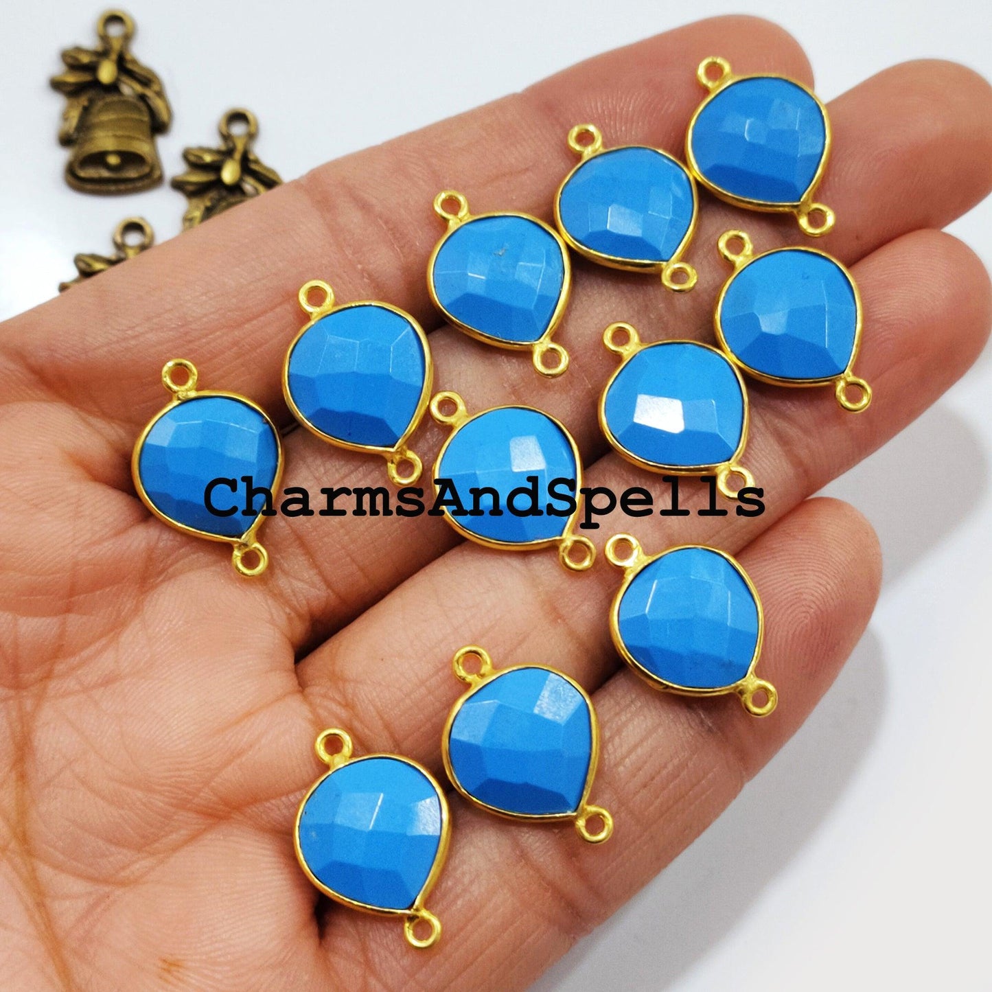 Turquoise Gemstone Gold Plated Bezel Connector, Gemstone Connector, 14x20 Blue Turquoise Connector, Double Bail Turquoise - Charms And Spells