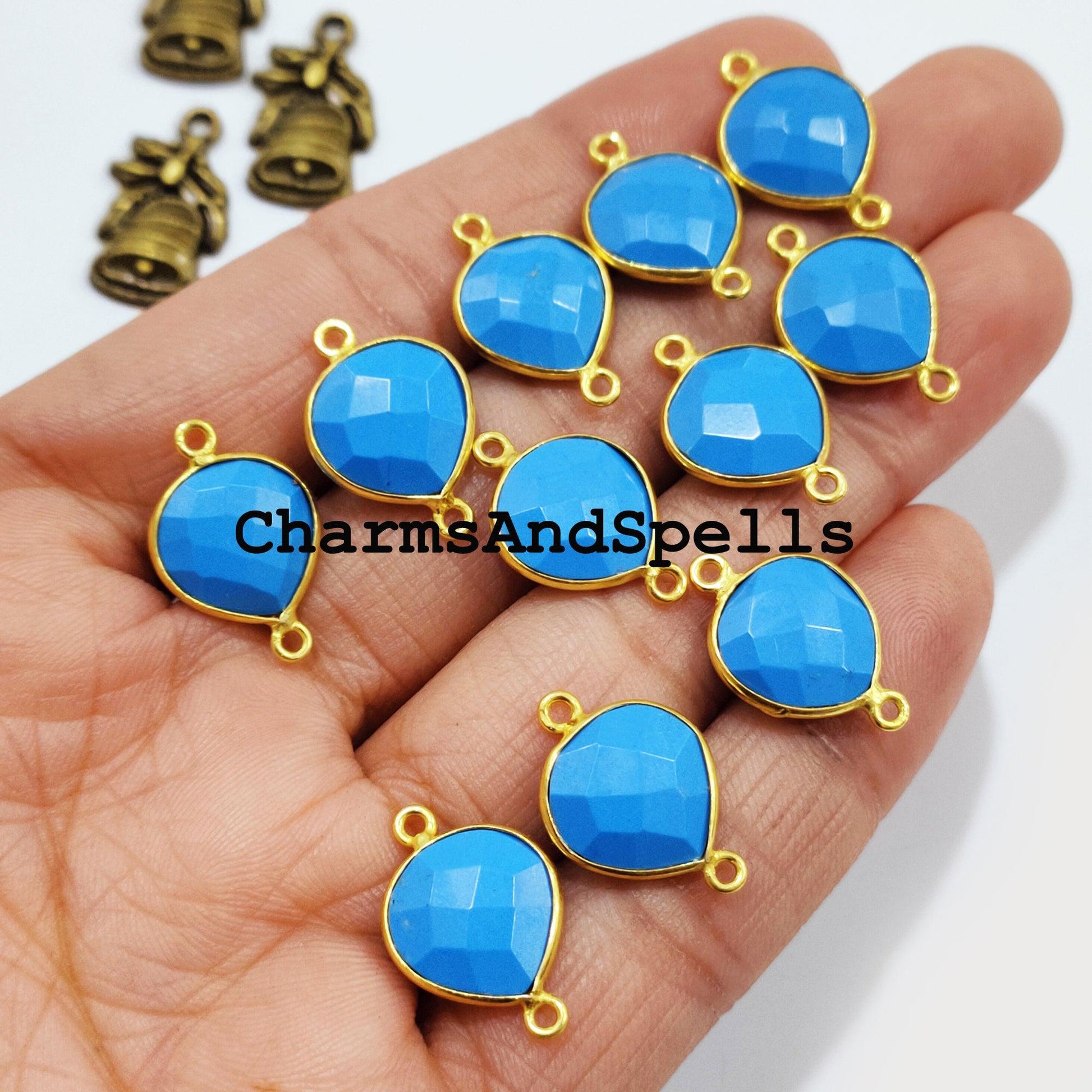 Turquoise Gemstone Gold Plated Bezel Connector, Gemstone Connector, 14x20 Blue Turquoise Connector, Double Bail Turquoise - Charms And Spells