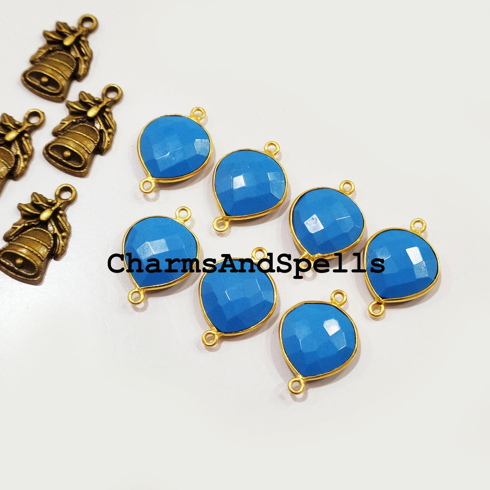 Blue Turquoise Connector, 11x23mm Blue Turquoise Pendant Connector, Gold Plated Connector, Charm Connector, Jewelry Making Supply - Charms And Spells