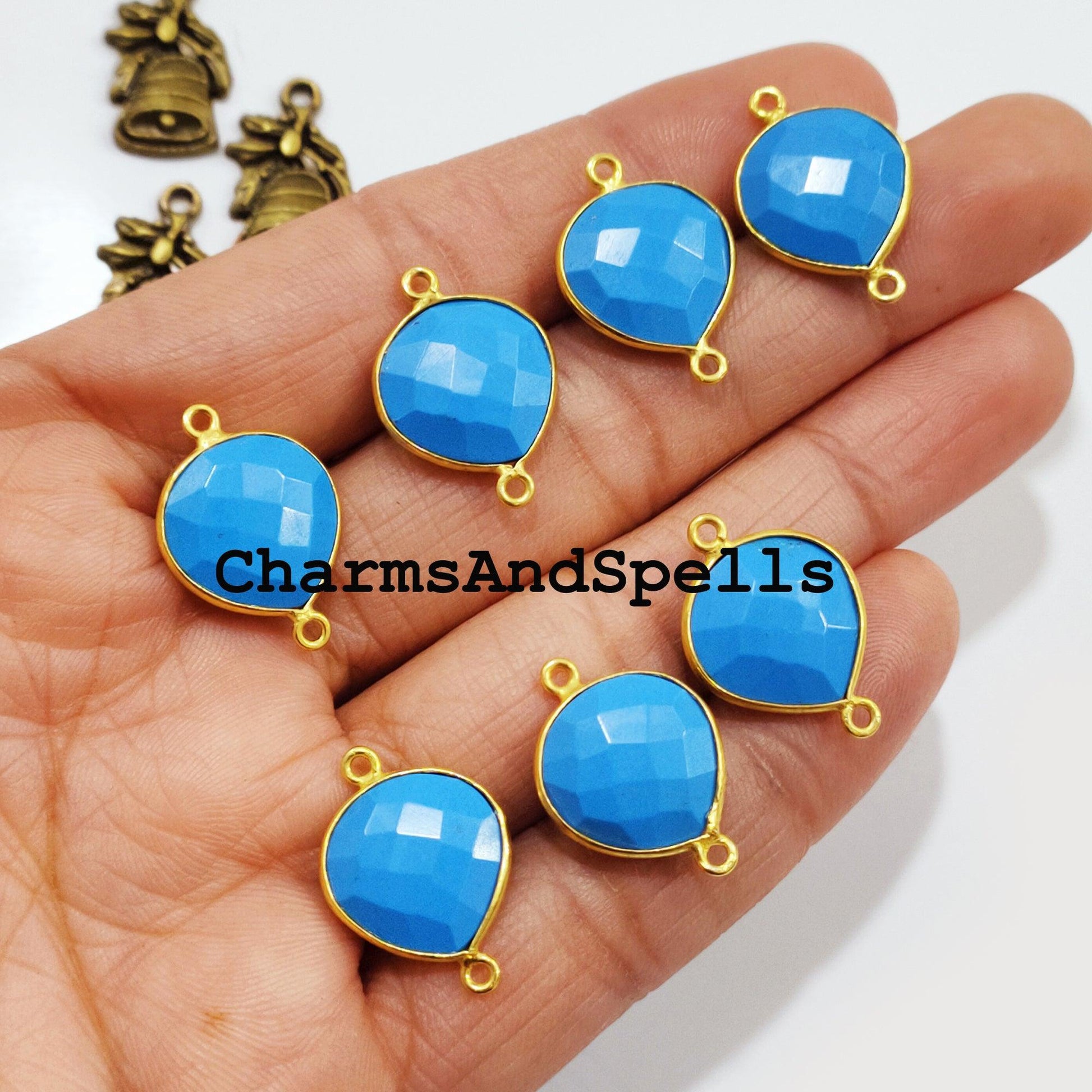 Blue Turquoise Connector, 11x23mm Blue Turquoise Pendant Connector, Gold Plated Connector, Charm Connector, Jewelry Making Supply - Charms And Spells