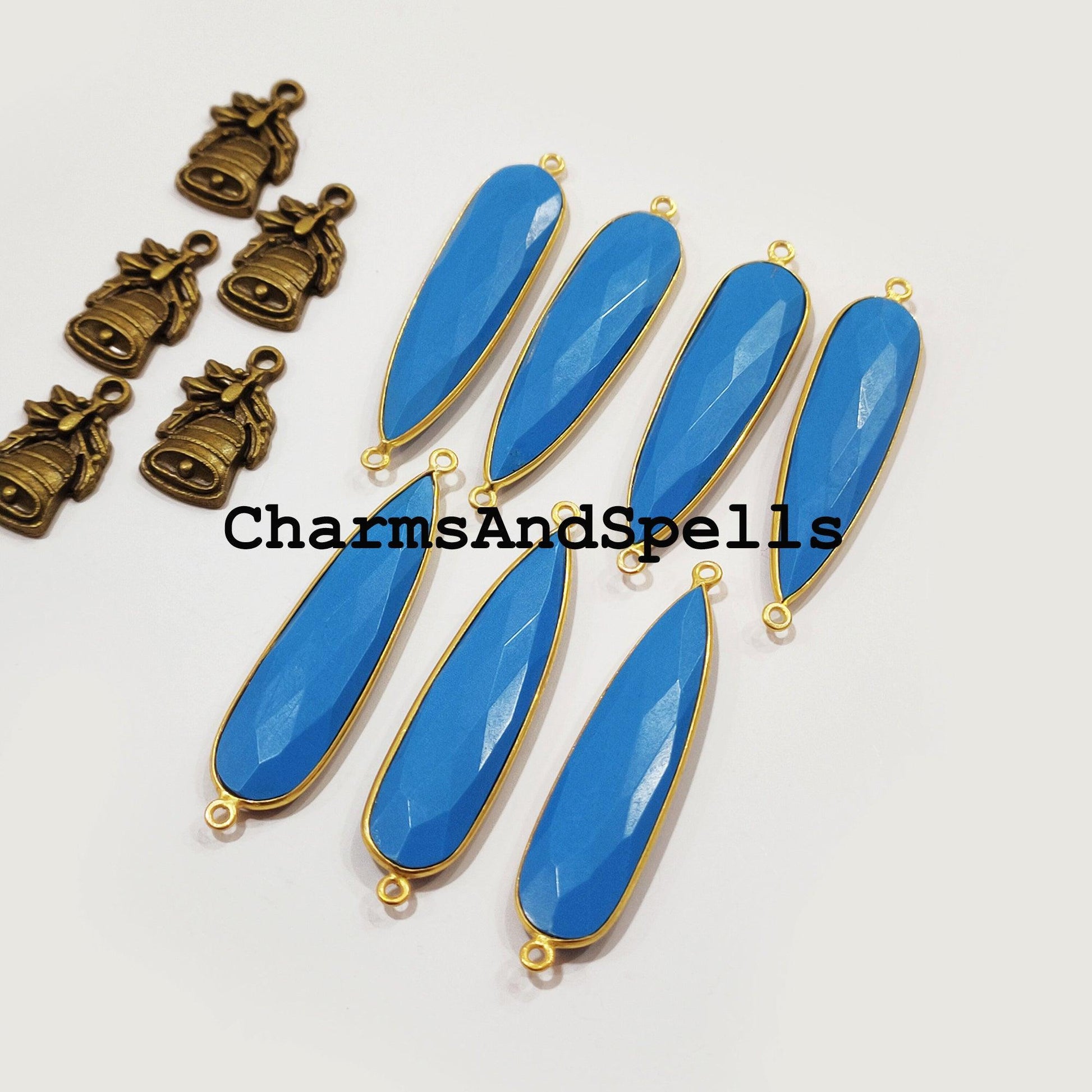 Faceted Turquoise Pear Shape Connector, 14K Gold Plated Connector & Charms, 12x50mm Faceted Charms Connector - Charms And Spells