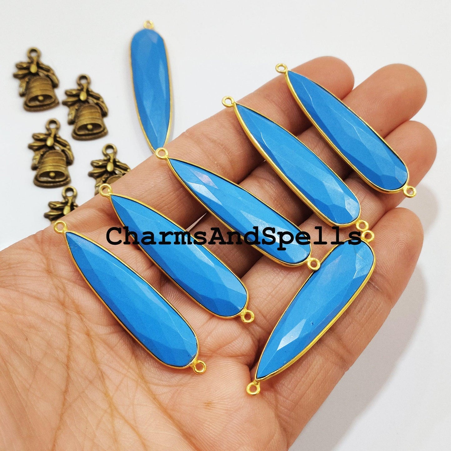 Faceted Turquoise Pear Shape Connector, 14K Gold Plated Connector & Charms, 12x50mm Faceted Charms Connector - Charms And Spells