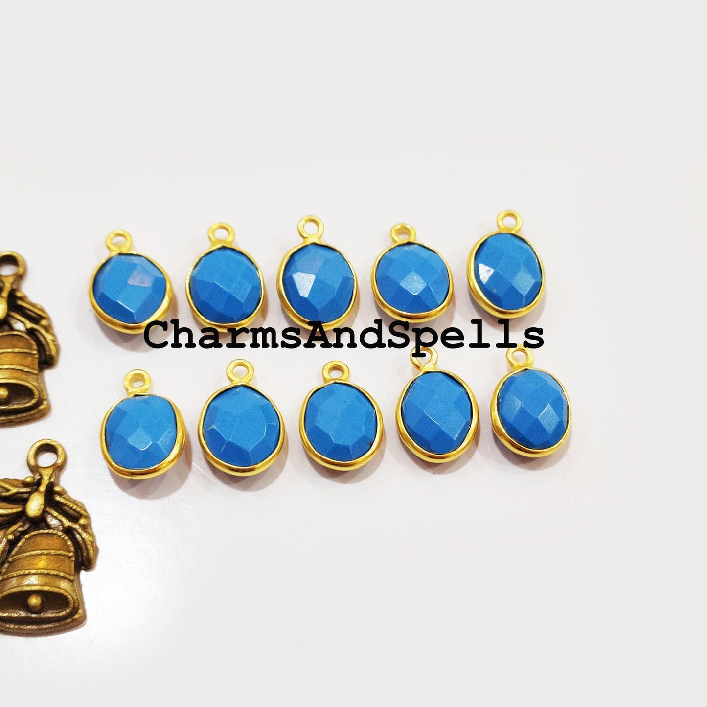 Turquoise Bezel Connectors, Findings, Turquoise 14K Gold Plated Single Bail Connectors, Oval Faceted Turquoise Bracelet Connector, 10x14mm Pear Shape Connector - Charms And Spells