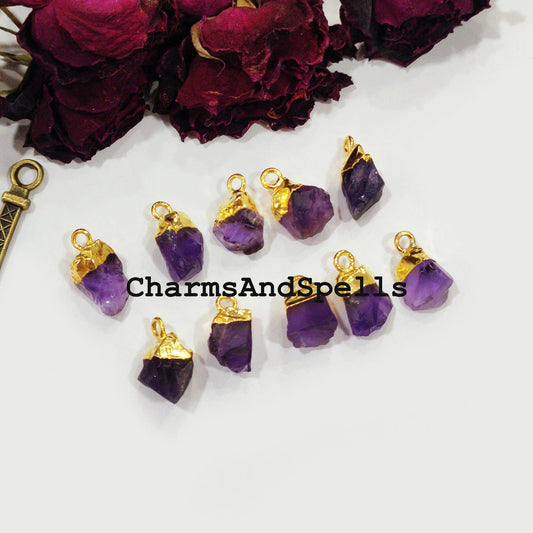 Amethyst Pendant Connectors, Rough Connectors, Gold Electroplated Single Bail Connectors, Amethyst Charms, Jewelry Making Connectors - Charms And Spells