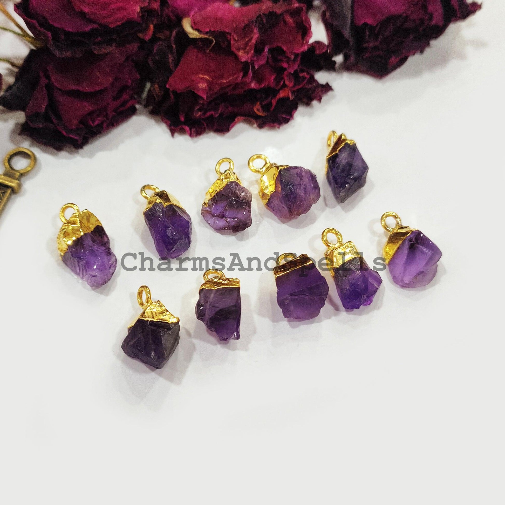 Amethyst Pendant Connectors, Rough Connectors, Gold Electroplated Single Bail Connectors, Amethyst Charms, Jewelry Making Connectors - Charms And Spells