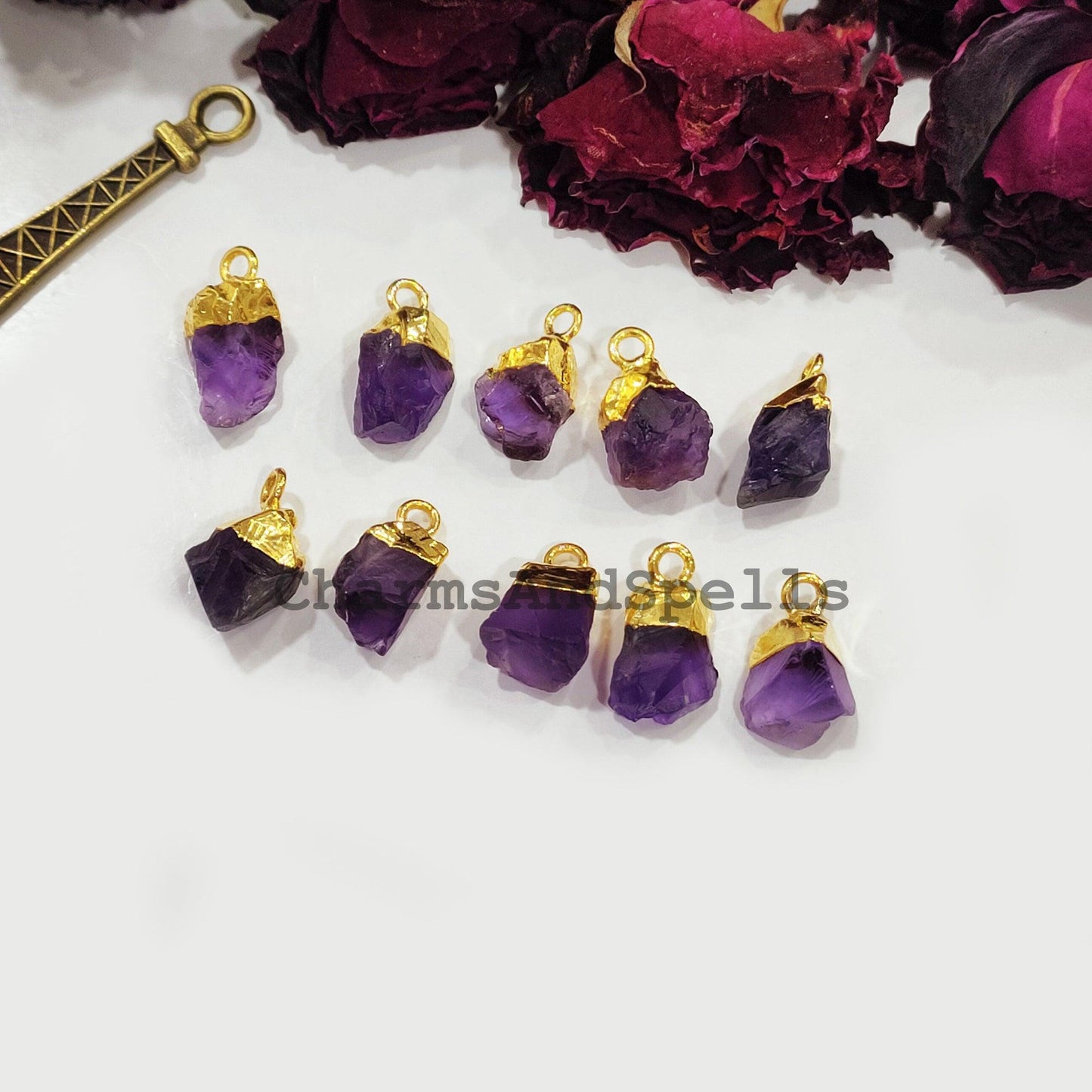 Amethyst Pendant Connectors, Rough Connectors, Gold Electroplated Single Bail Connectors, Amethyst Charms, Jewelry Making Connectors - Charms And Spells