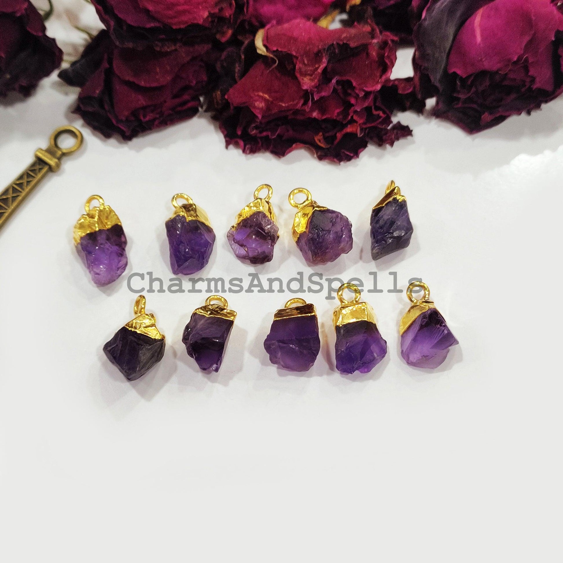 Amethyst Pendant Connectors, Rough Connectors, Gold Electroplated Single Bail Connectors, Amethyst Charms, Jewelry Making Connectors - Charms And Spells