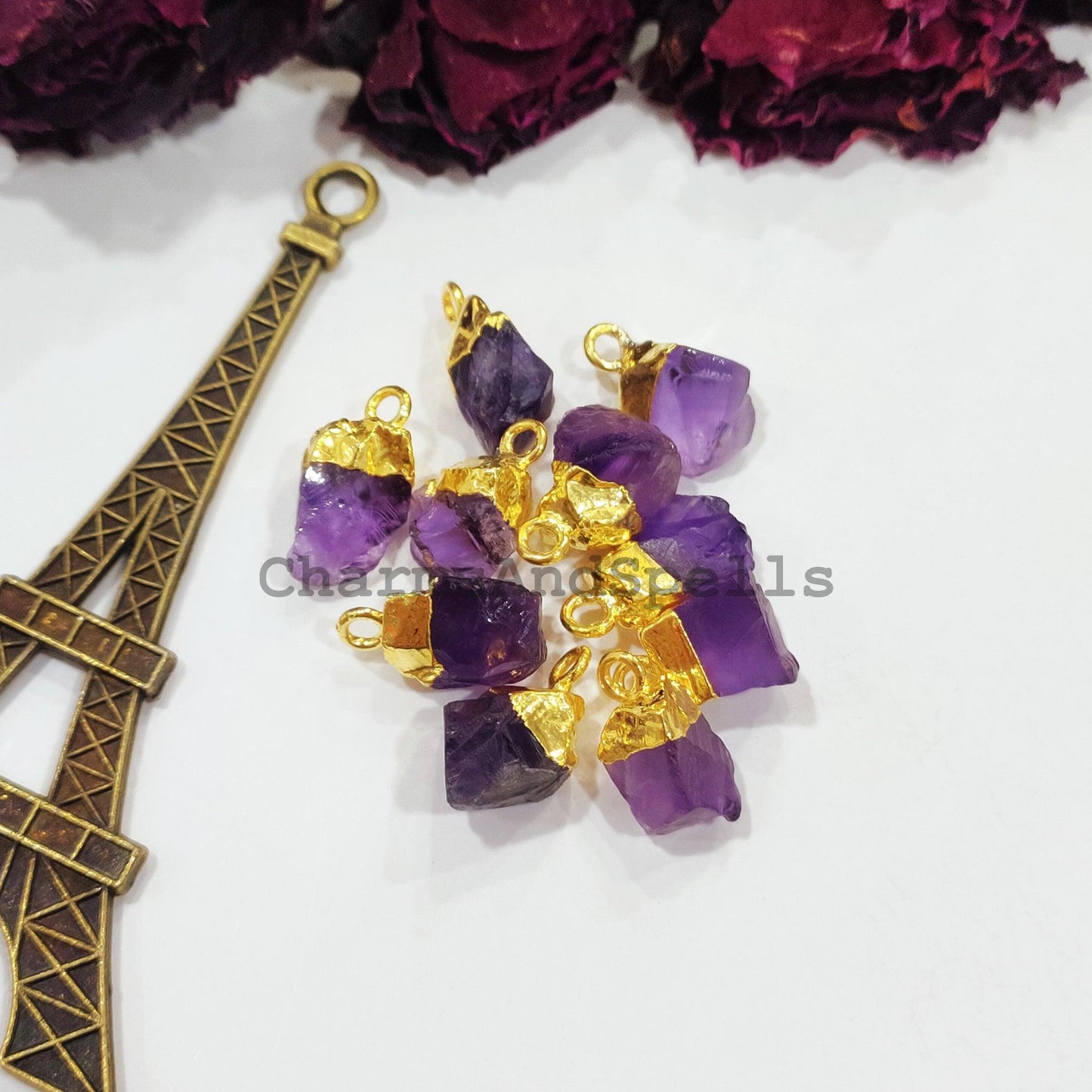 Amethyst Pendant Connectors, Rough Connectors, Gold Electroplated Single Bail Connectors, Amethyst Charms, Jewelry Making Connectors - Charms And Spells