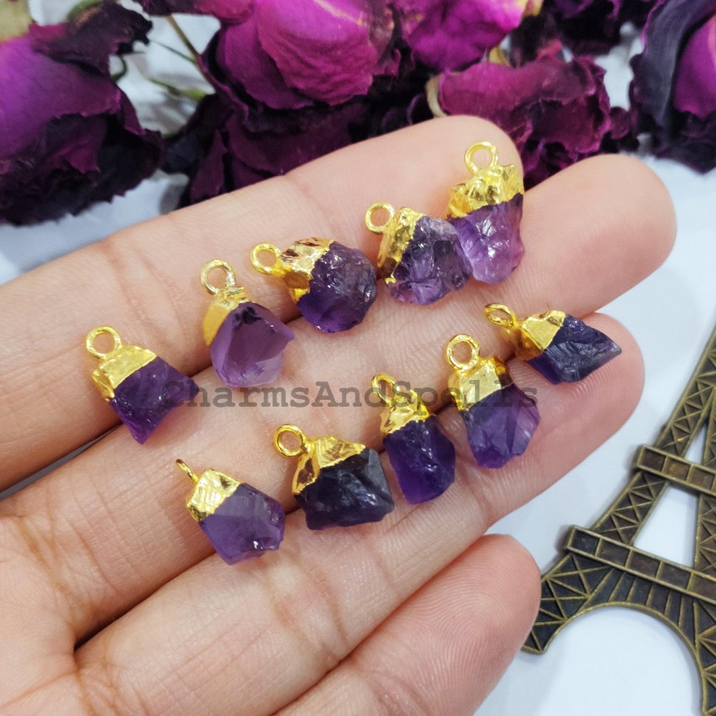 Amethyst Pendant Connectors, Rough Connectors, Gold Electroplated Single Bail Connectors, Amethyst Charms, Jewelry Making Connectors - Charms And Spells