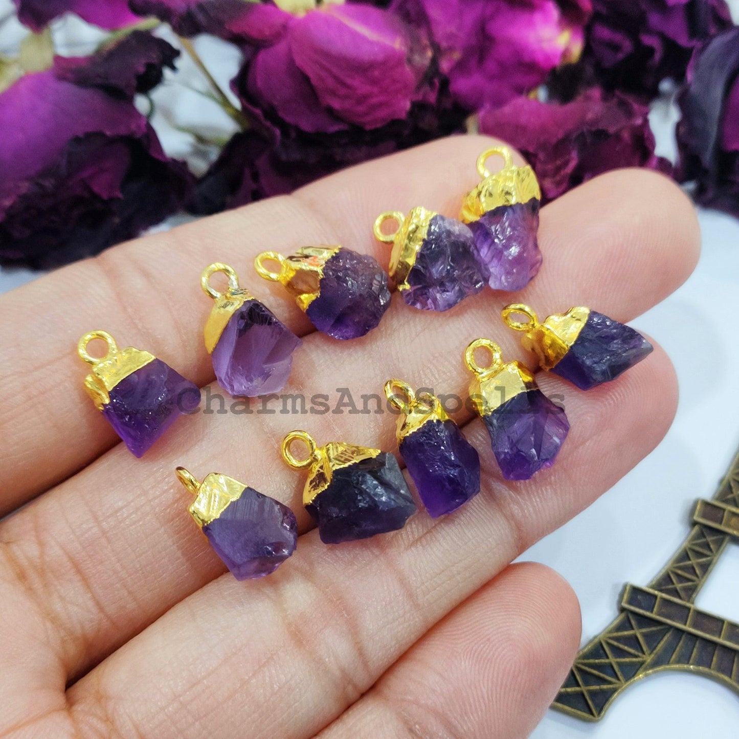 Amethyst Pendant Connectors, Rough Connectors, Gold Electroplated Single Bail Connectors, Amethyst Charms, Jewelry Making Connectors - Charms And Spells