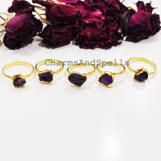 Natural Amethyst Ring, Electroplated Ring, Gift Jewelry, Raw Amethyst, February Birthstone, Unisex Ring, Gold Plated Amethyst Ring - Charms And Spells