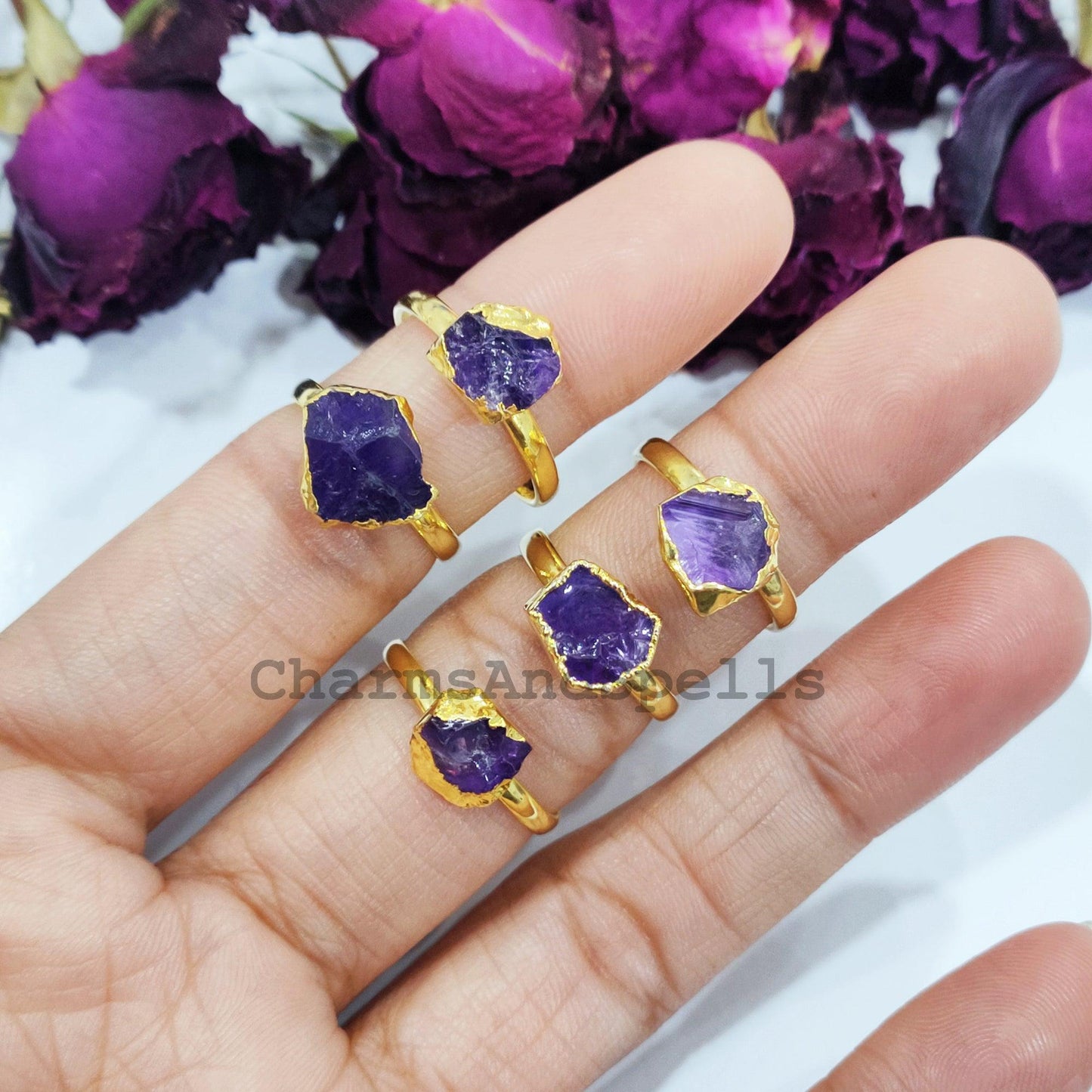 Natural Amethyst Ring, Electroplated Ring, Gift Jewelry, Raw Amethyst, February Birthstone, Unisex Ring, Gold Plated Amethyst Ring - Charms And Spells