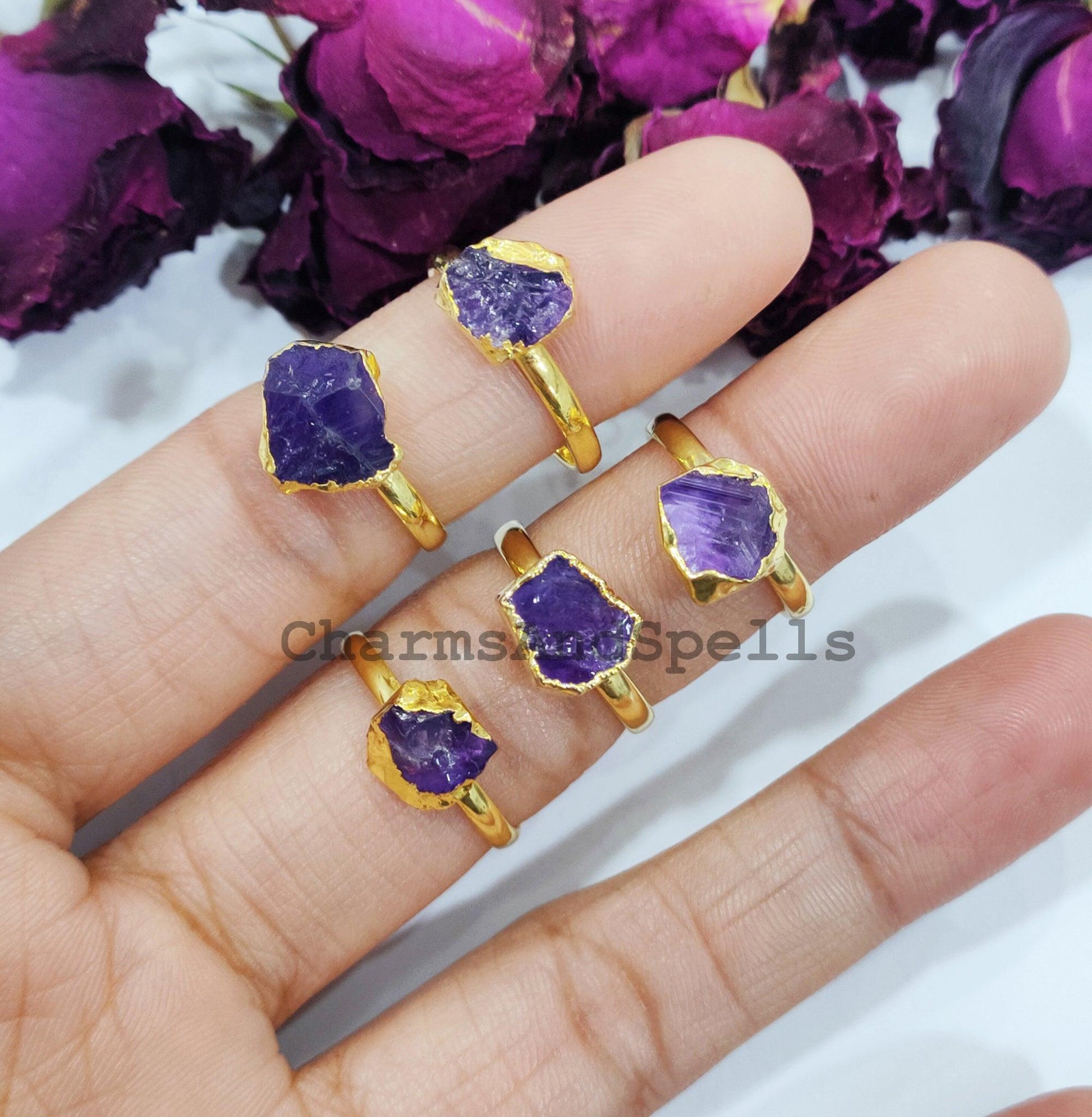 Natural Amethyst Ring, Electroplated Ring, Gift Jewelry, Raw Amethyst, February Birthstone, Unisex Ring, Gold Plated Amethyst Ring - Charms And Spells