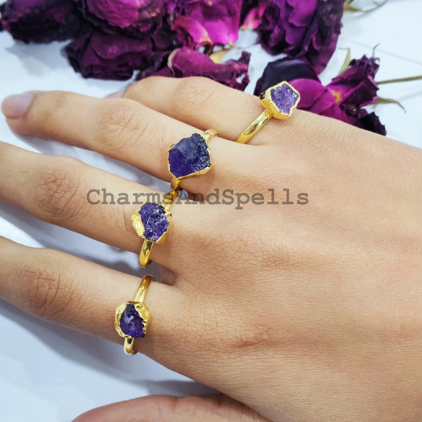 Natural Amethyst Ring, Electroplated Ring, Gift Jewelry, Raw Amethyst, February Birthstone, Unisex Ring, Gold Plated Amethyst Ring - Charms And Spells