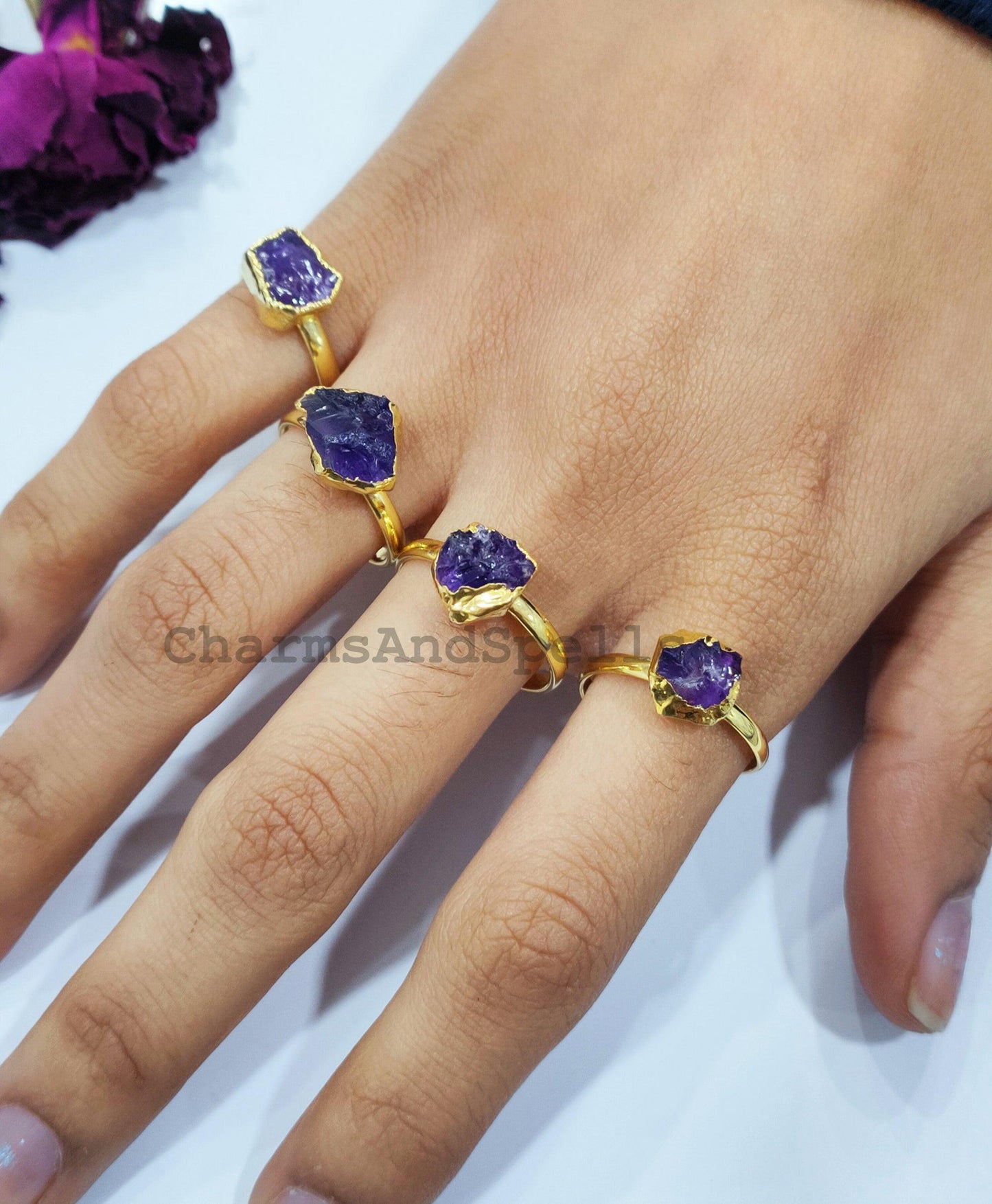 Natural Amethyst Ring, Electroplated Ring, Gift Jewelry, Raw Amethyst, February Birthstone, Unisex Ring, Gold Plated Amethyst Ring - Charms And Spells