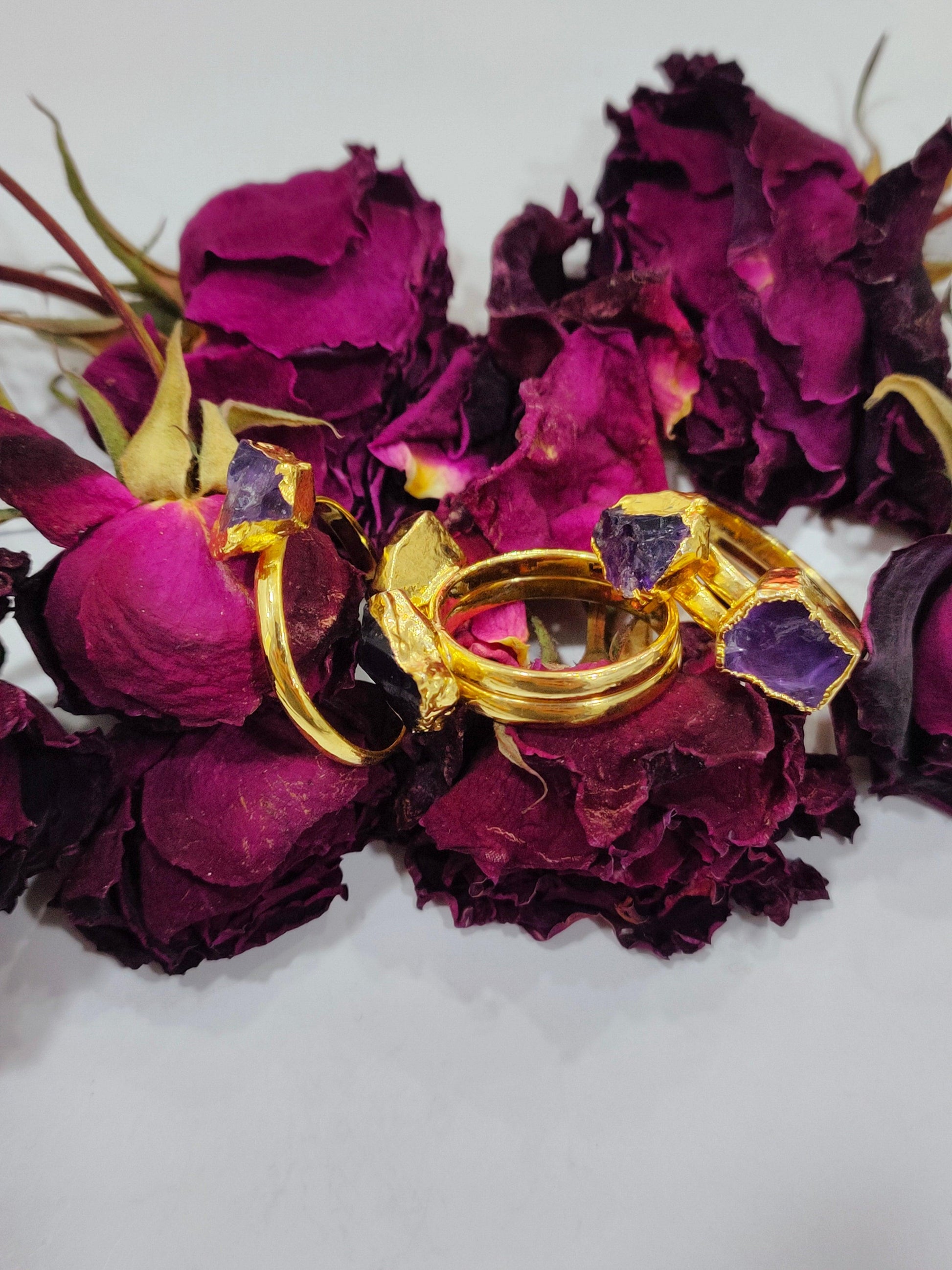 Natural Amethyst Ring, Electroplated Ring, Gift Jewelry, Raw Amethyst, February Birthstone, Unisex Ring, Gold Plated Amethyst Ring - Charms And Spells