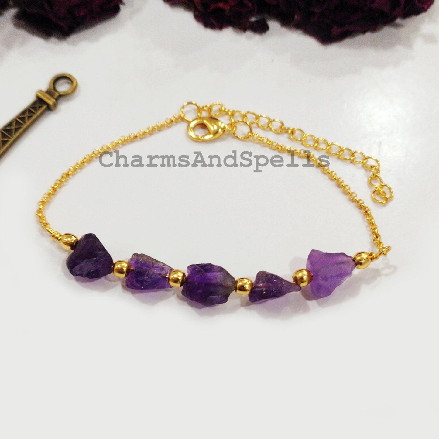 Raw Amethyst Bracelet, Raw Gemstone Bracelet, Healing Bracelet, Handmade Bracelet, Dainty Crystals Bracelet, Bracelet For Women - Charms And Spells