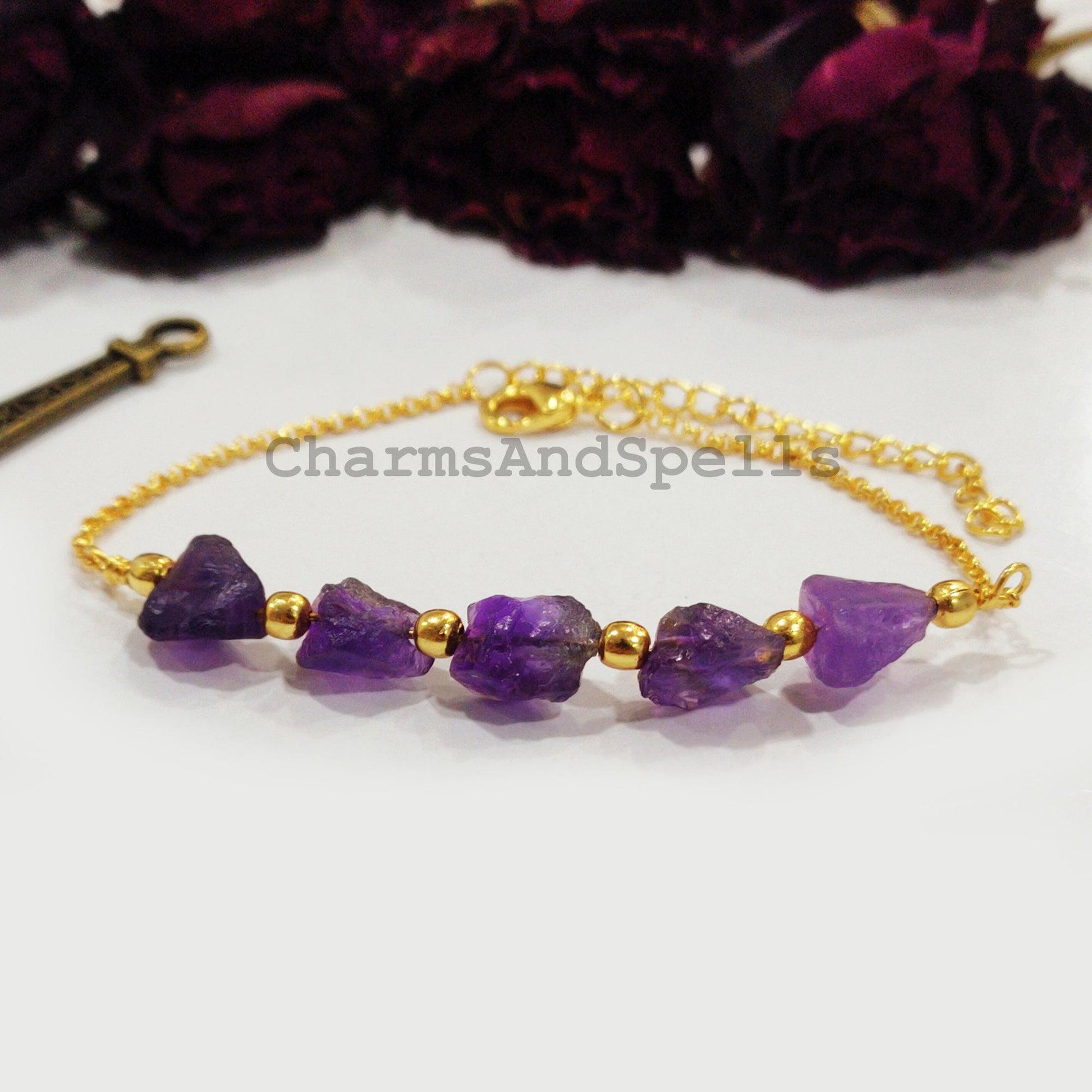 Raw Amethyst Bracelet, Raw Gemstone Bracelet, Healing Bracelet, Handmade Bracelet, Dainty Crystals Bracelet, Bracelet For Women - Charms And Spells