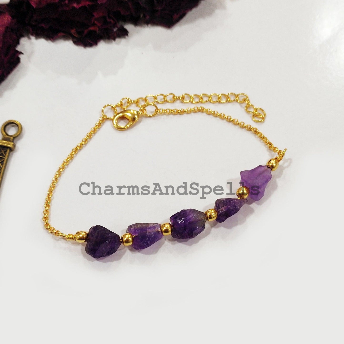 Raw Amethyst Bracelet, Raw Gemstone Bracelet, Healing Bracelet, Handmade Bracelet, Dainty Crystals Bracelet, Bracelet For Women - Charms And Spells