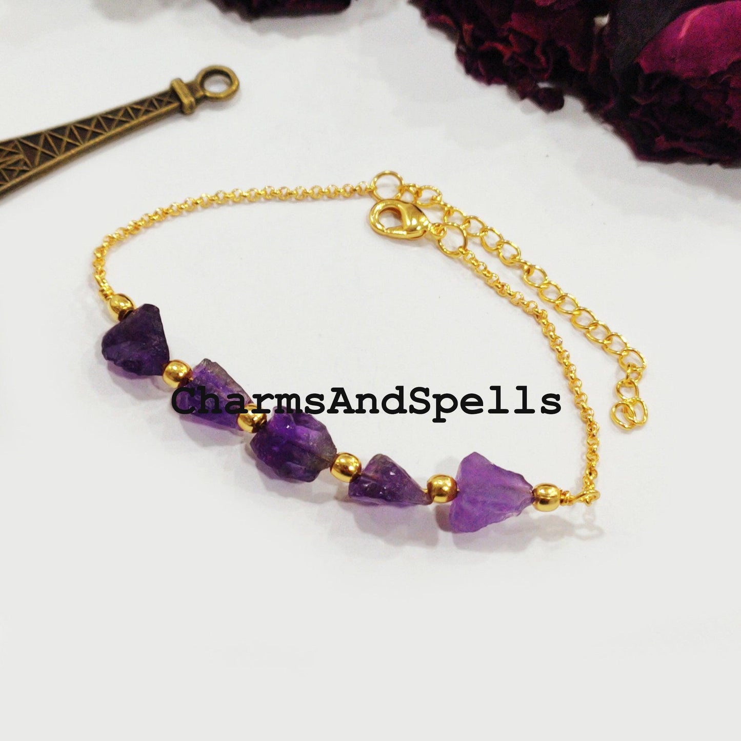 Raw Amethyst Bracelet, Raw Gemstone Bracelet, Healing Bracelet, Handmade Bracelet, Dainty Crystals Bracelet, Bracelet For Women - Charms And Spells