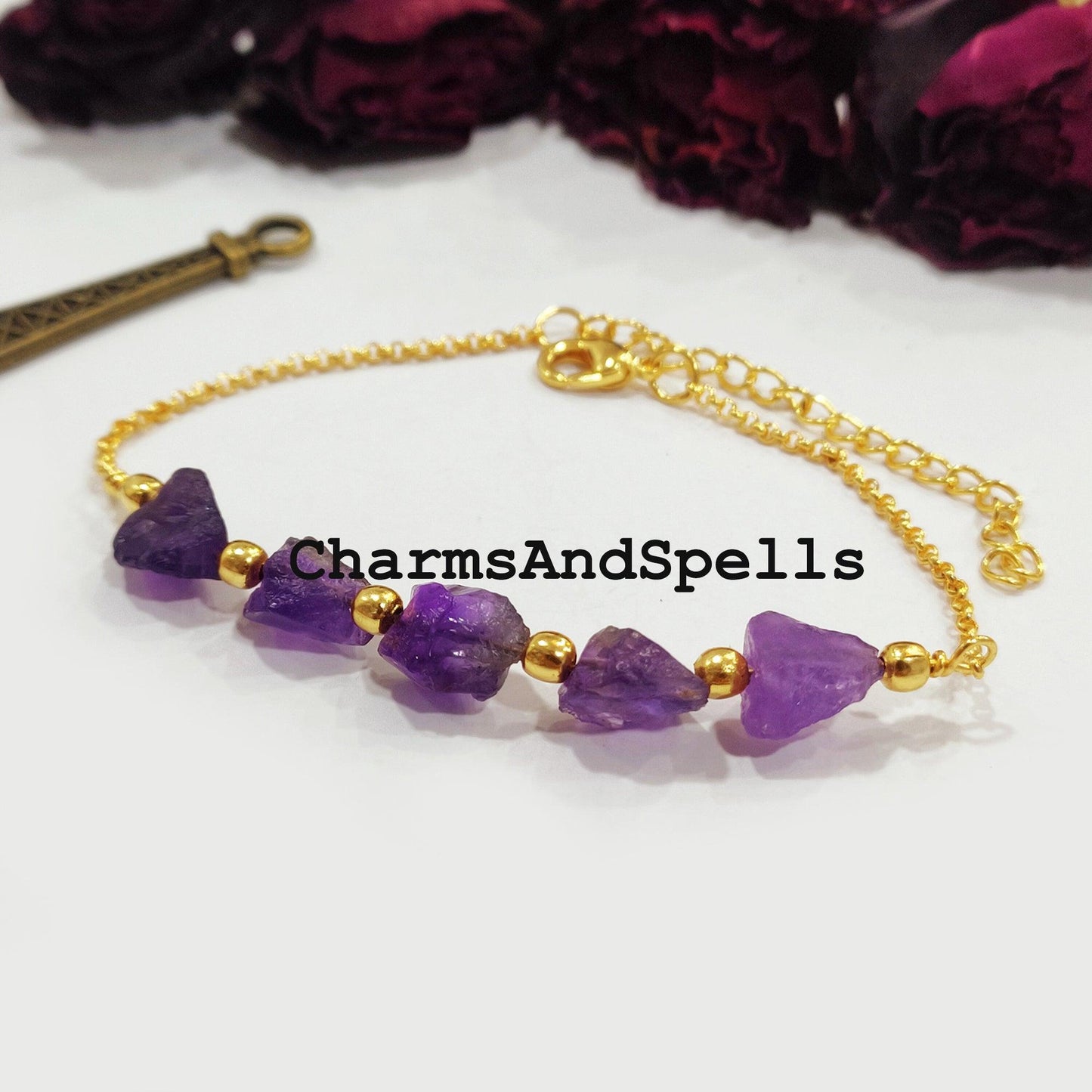 Raw Amethyst Bracelet, Raw Gemstone Bracelet, Healing Bracelet, Handmade Bracelet, Dainty Crystals Bracelet, Bracelet For Women - Charms And Spells