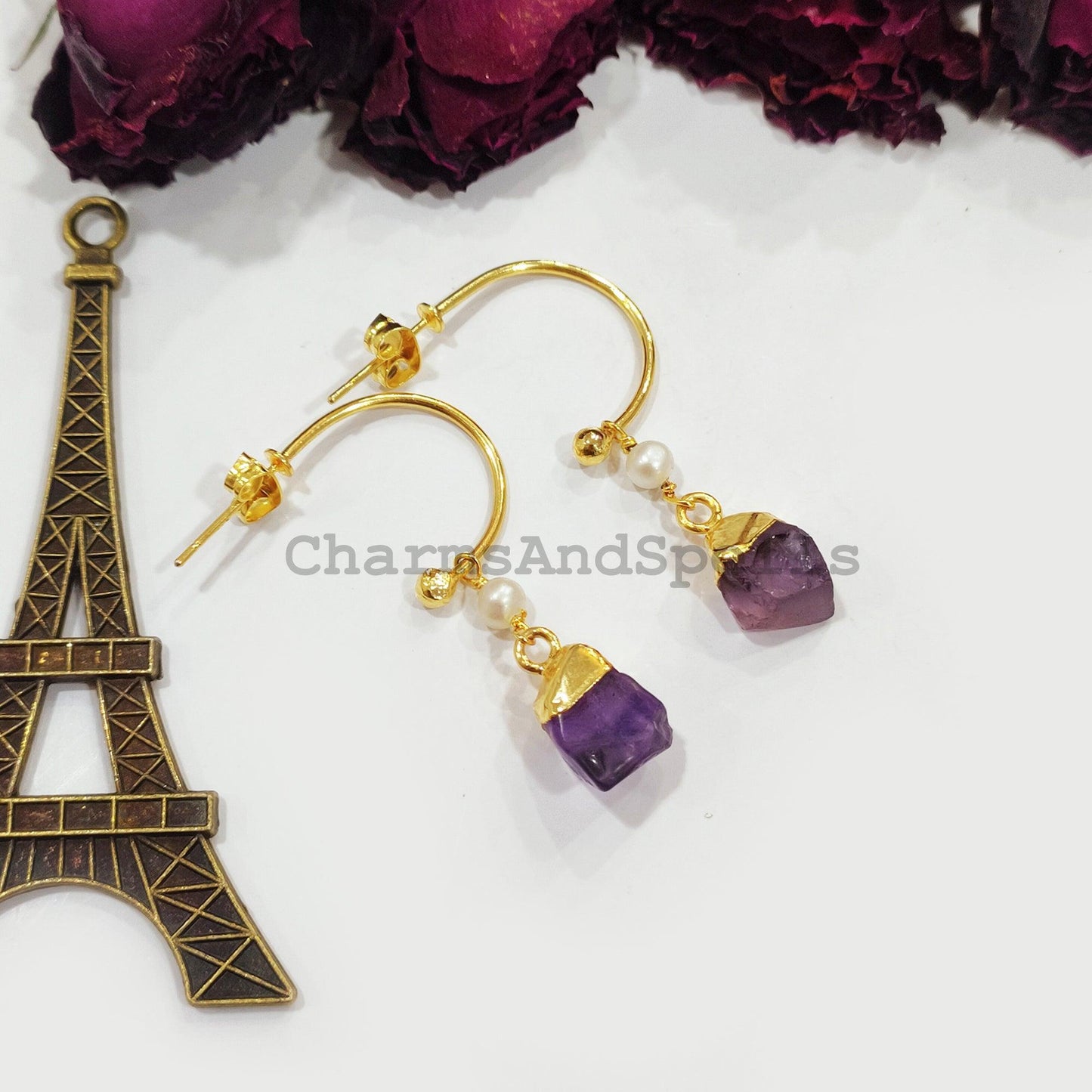 Raw Amethyst Earrings, Gold Electroplated Earrings, Birthstone Earrings, Gypsy Earrings, Raw Gemstone Earrings, Gift For Women - Charms And Spells