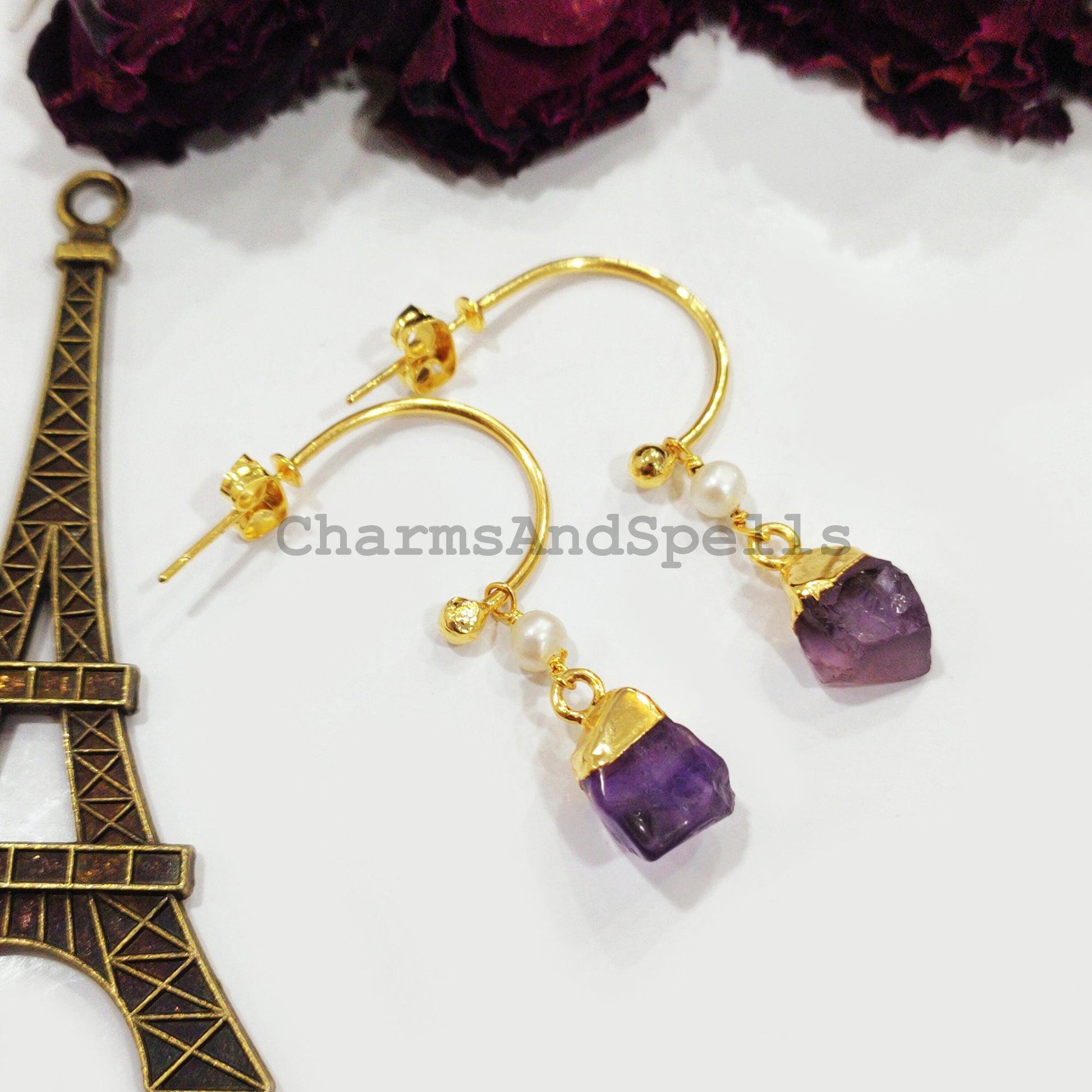 Raw Amethyst Earrings, Gold Electroplated Earrings, Birthstone Earrings, Gypsy Earrings, Raw Gemstone Earrings, Gift For Women - Charms And Spells