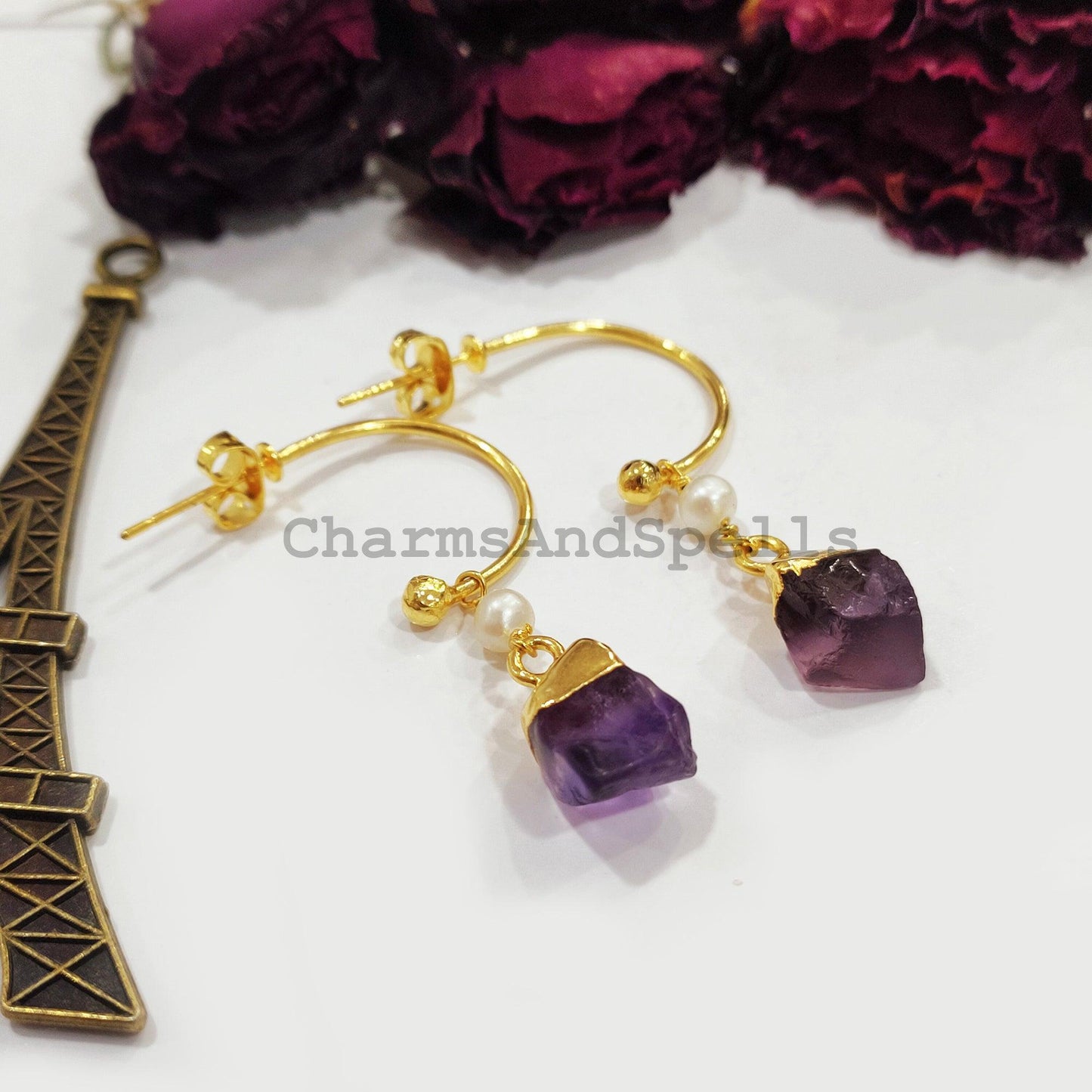 Raw Amethyst Earrings, Gold Electroplated Earrings, Birthstone Earrings, Gypsy Earrings, Raw Gemstone Earrings, Gift For Women - Charms And Spells