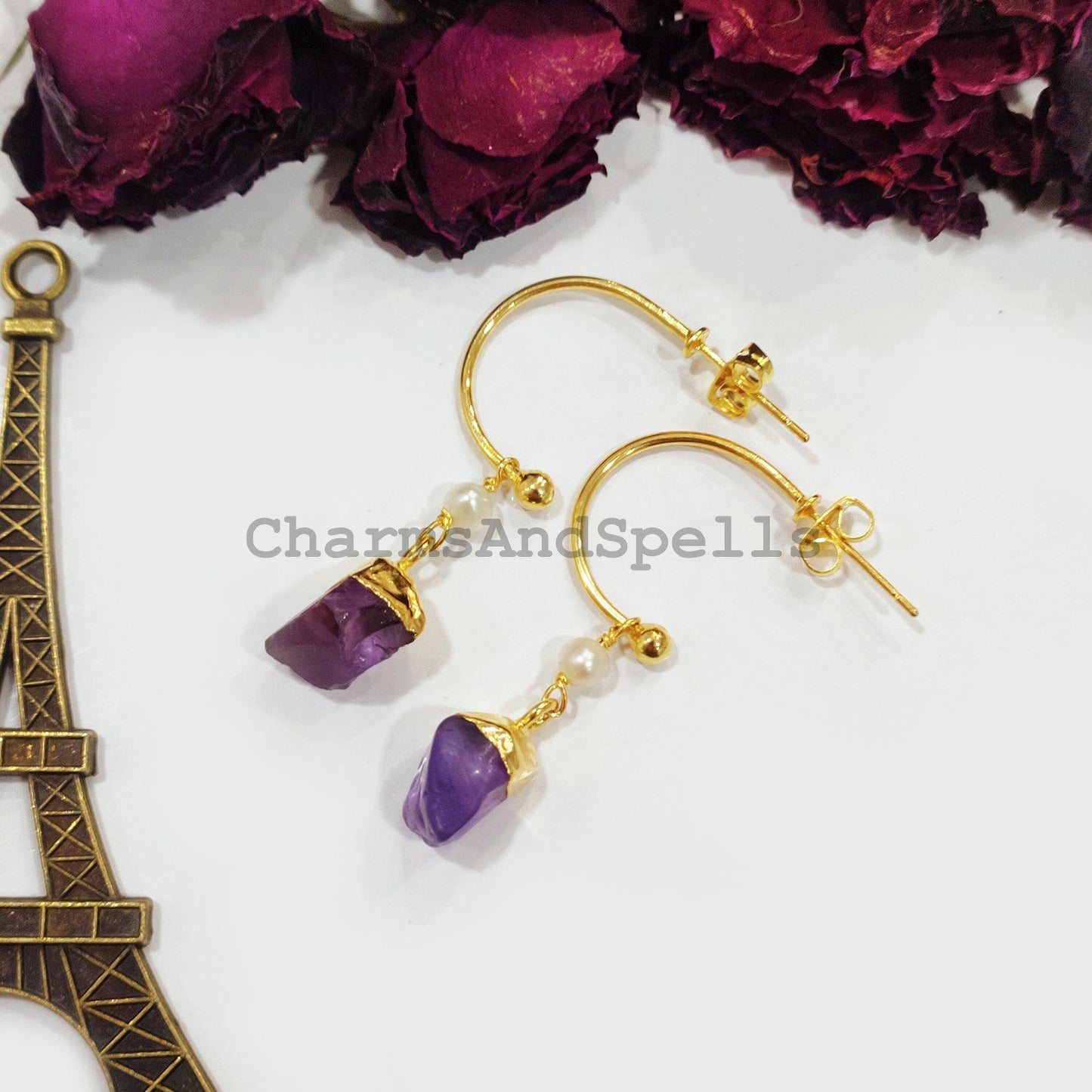 Raw Amethyst Earrings, Gold Electroplated Earrings, Birthstone Earrings, Gypsy Earrings, Raw Gemstone Earrings, Gift For Women - Charms And Spells