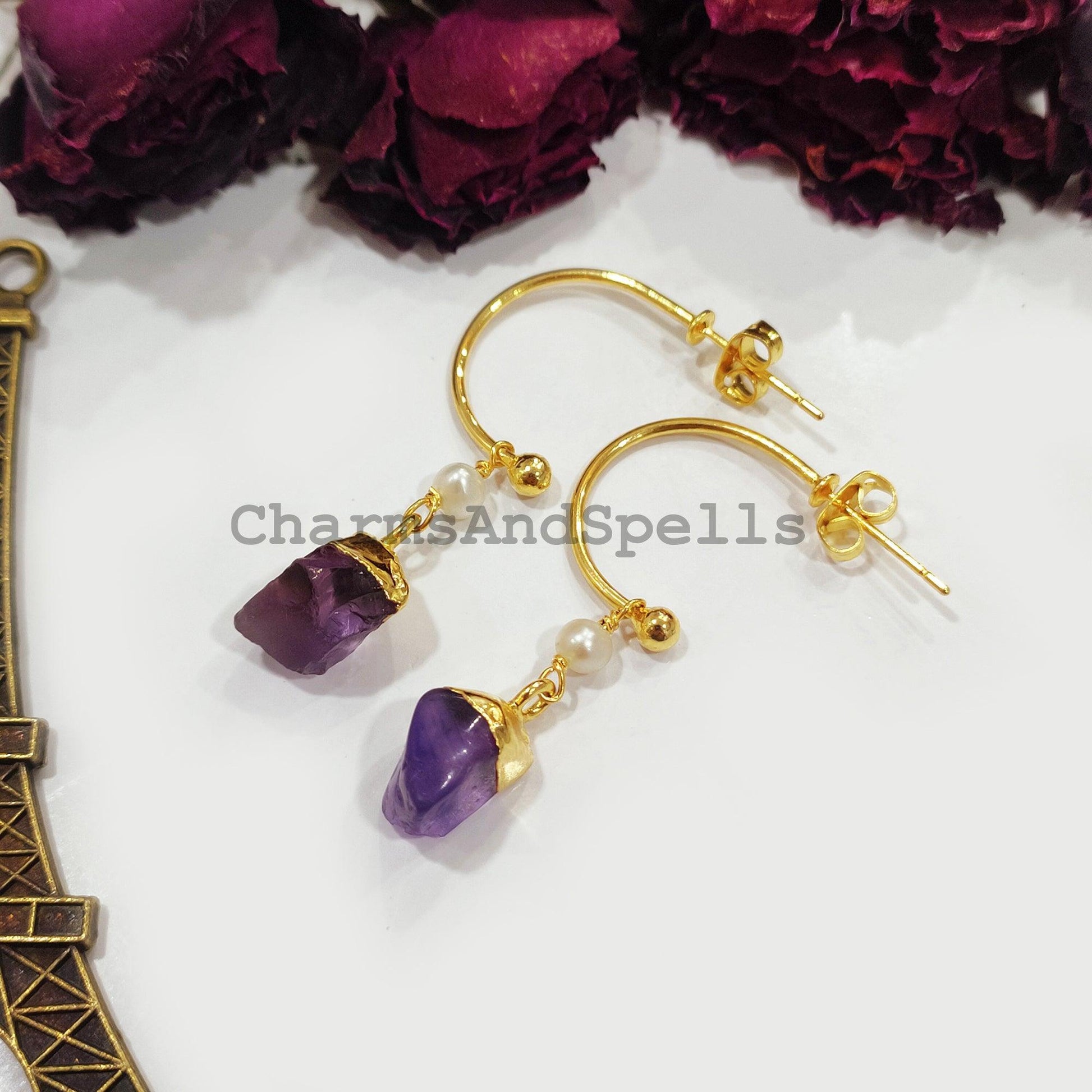 Raw Amethyst Earrings, Gold Electroplated Earrings, Birthstone Earrings, Gypsy Earrings, Raw Gemstone Earrings, Gift For Women - Charms And Spells