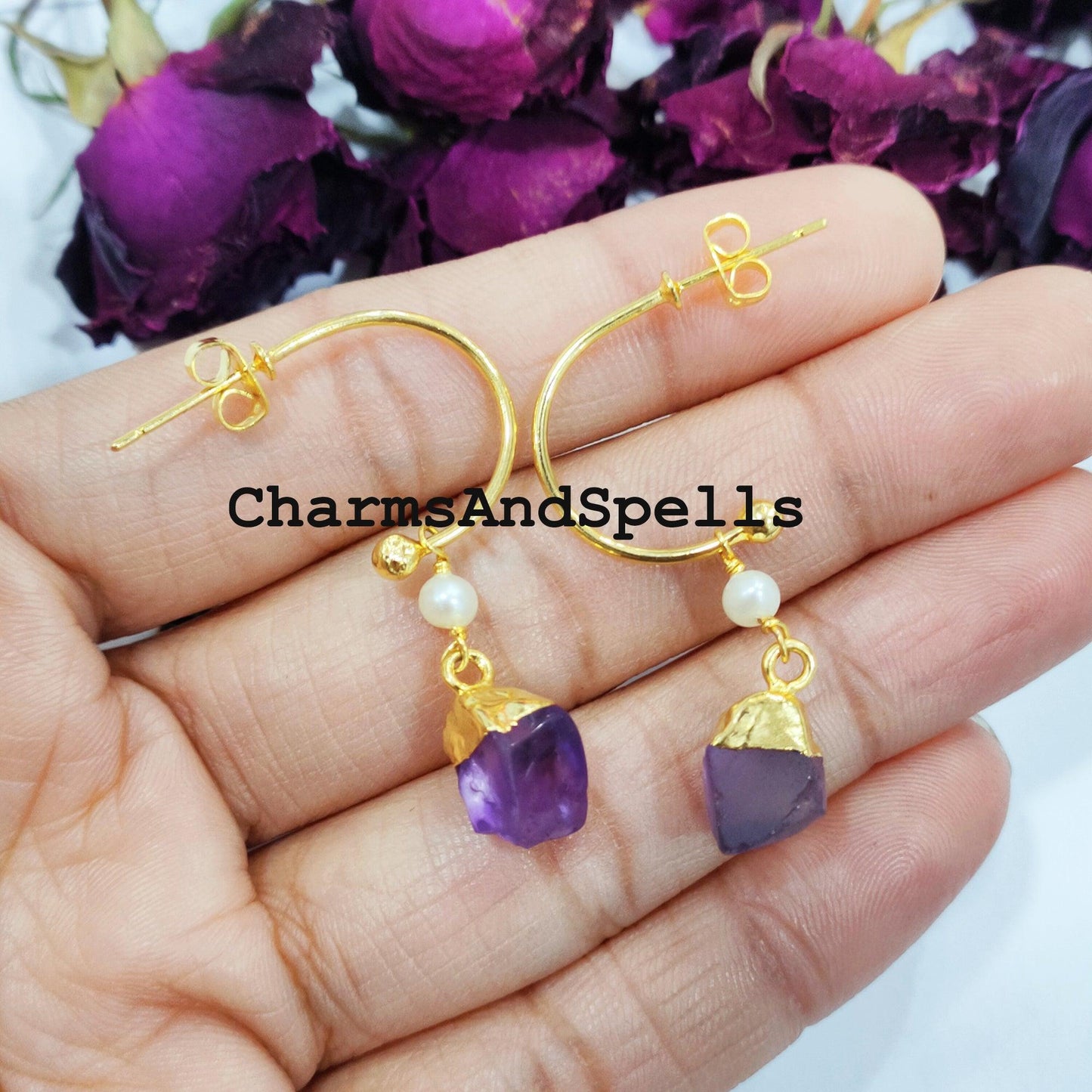 Raw Amethyst Earrings, Gold Electroplated Earrings, Birthstone Earrings, Gypsy Earrings, Raw Gemstone Earrings, Gift For Women - Charms And Spells