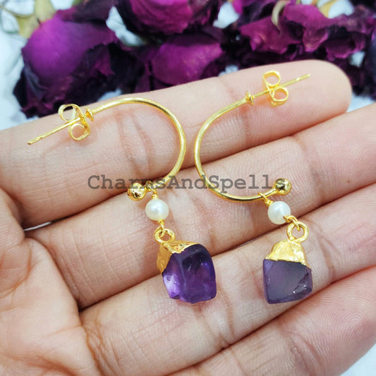 Raw Amethyst Earrings, Gold Electroplated Earrings, Birthstone Earrings, Gypsy Earrings, Raw Gemstone Earrings, Gift For Women - Charms And Spells