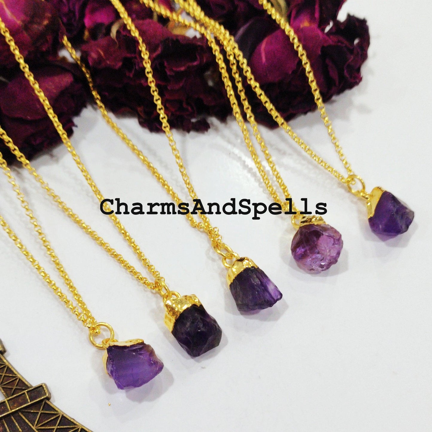 Amethyst Necklace, Electroplated Raw Gemstone Jewelry, 14k Gold Plated Necklace, Raw Birthstone Necklace, Gifts for her - Charms And Spells