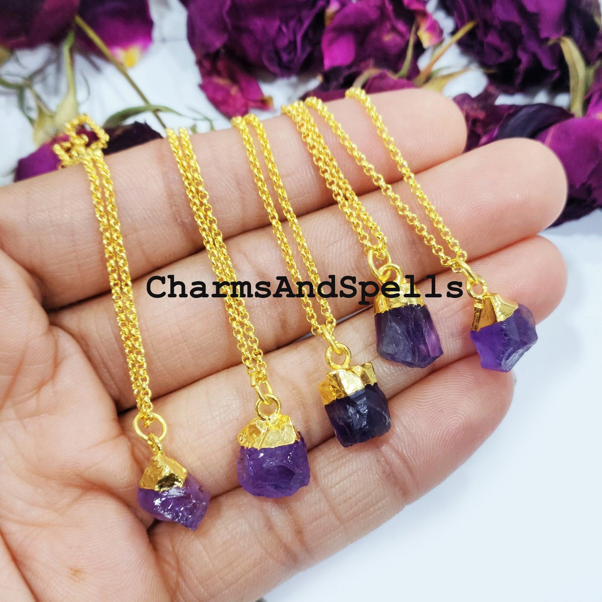 Amethyst Necklace, Electroplated Raw Gemstone Jewelry, 14k Gold Plated Necklace, Raw Birthstone Necklace, Gifts for her - Charms And Spells