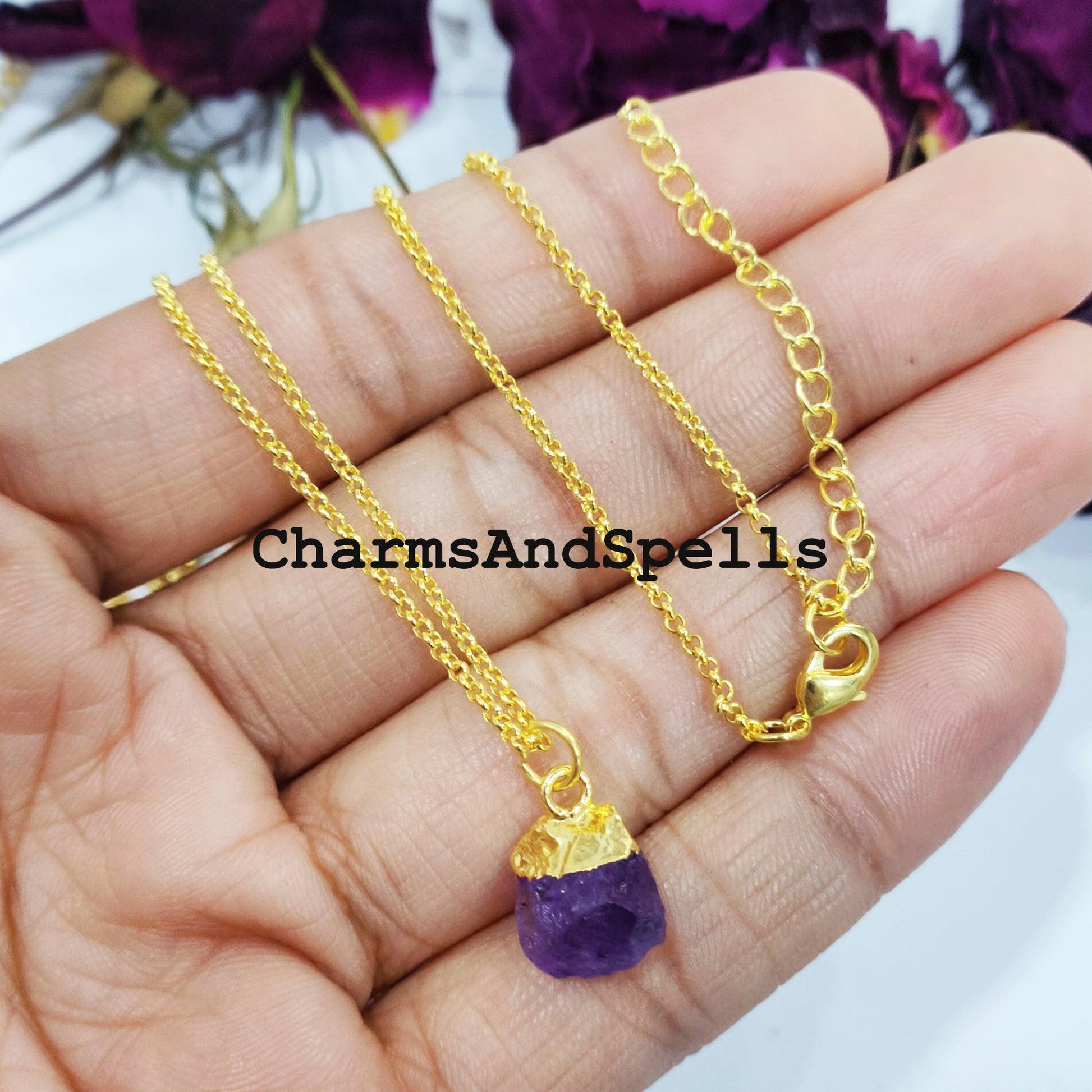 Amethyst Necklace, Electroplated Raw Gemstone Jewelry, 14k Gold Plated Necklace, Raw Birthstone Necklace, Gifts for her - Charms And Spells