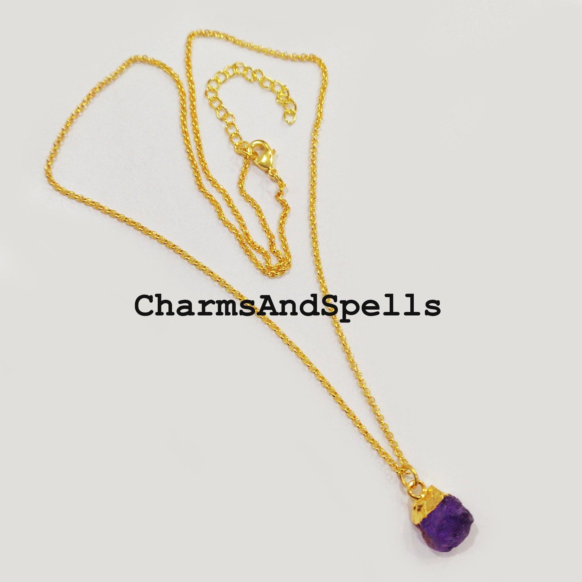 Amethyst Necklace, Electroplated Raw Gemstone Jewelry, 14k Gold Plated Necklace, Raw Birthstone Necklace, Gifts for her - Charms And Spells