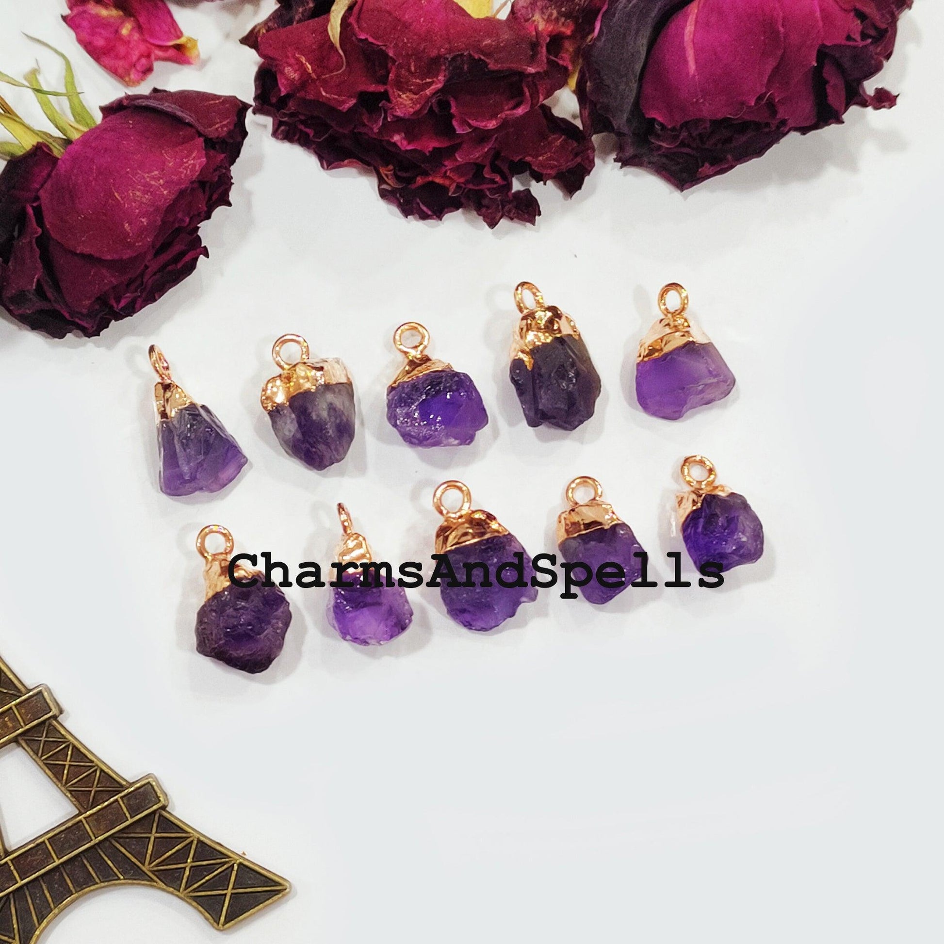 Natural Amethyst Pendant Connectors, Amethyst Charm Connectors, Electroplated Single Bail Connectors, DIY Jewelry Making - Charms And Spells