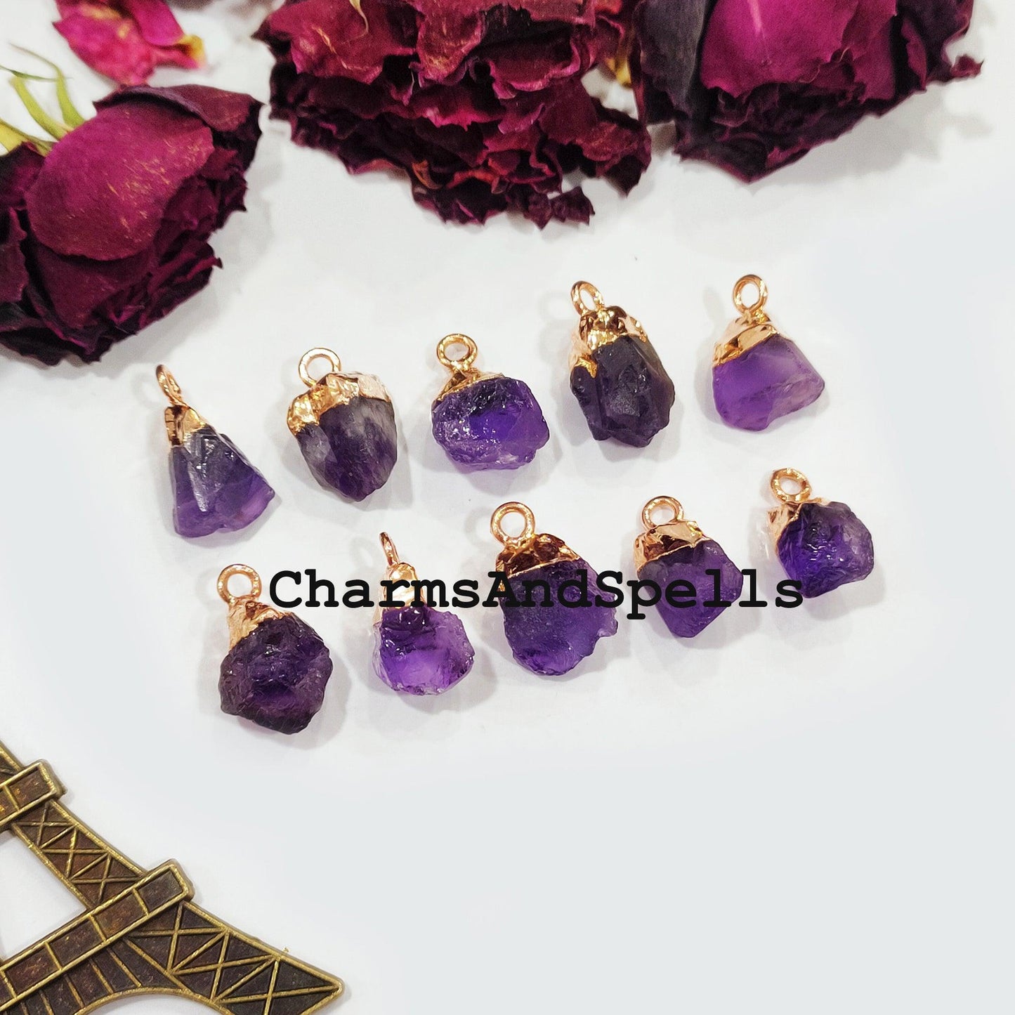 Natural Amethyst Pendant Connectors, Amethyst Charm Connectors, Electroplated Single Bail Connectors, DIY Jewelry Making - Charms And Spells