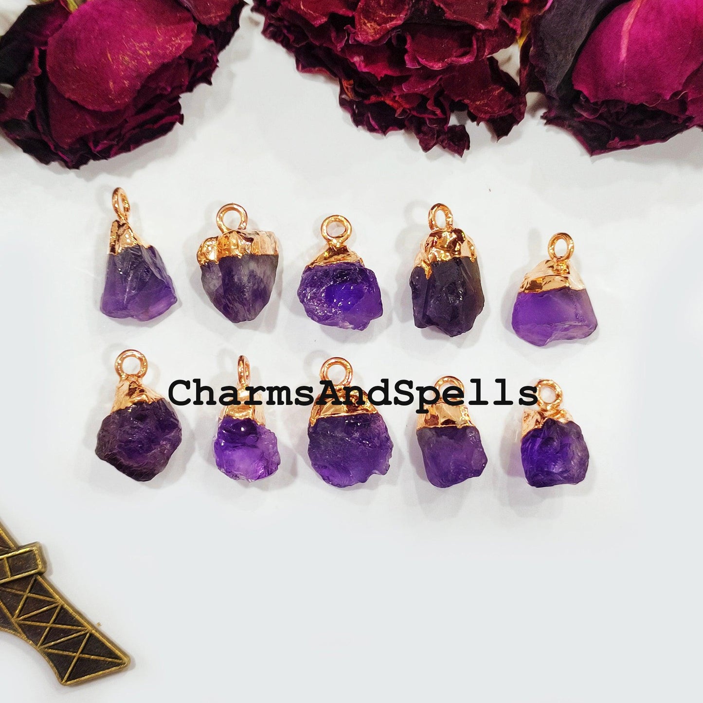 Natural Amethyst Pendant Connectors, Amethyst Charm Connectors, Electroplated Single Bail Connectors, DIY Jewelry Making - Charms And Spells