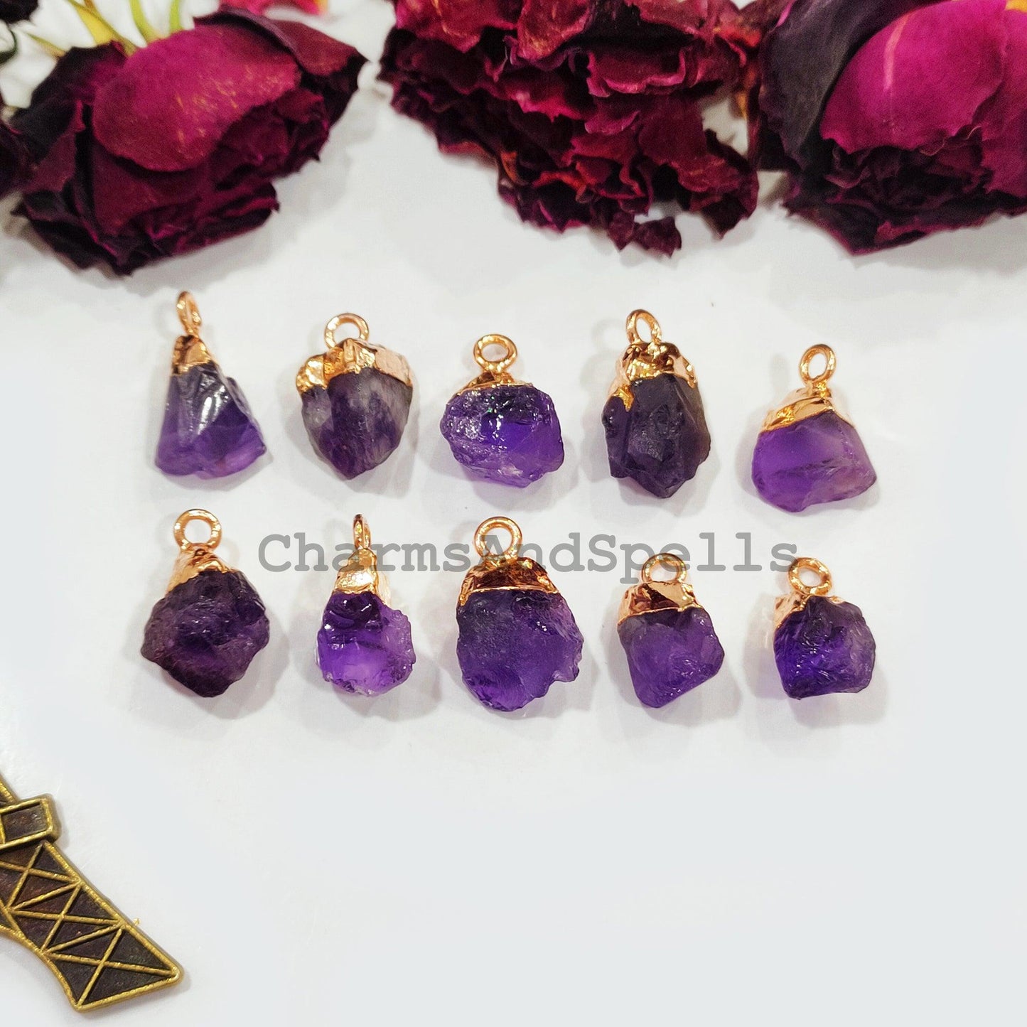 Natural Amethyst Pendant Connectors, Amethyst Charm Connectors, Electroplated Single Bail Connectors, DIY Jewelry Making - Charms And Spells