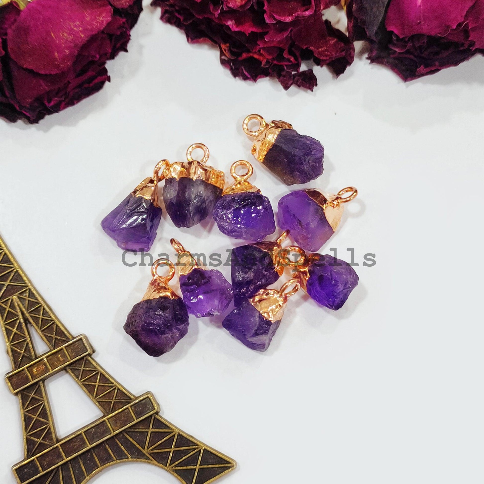 Natural Amethyst Pendant Connectors, Amethyst Charm Connectors, Electroplated Single Bail Connectors, DIY Jewelry Making - Charms And Spells