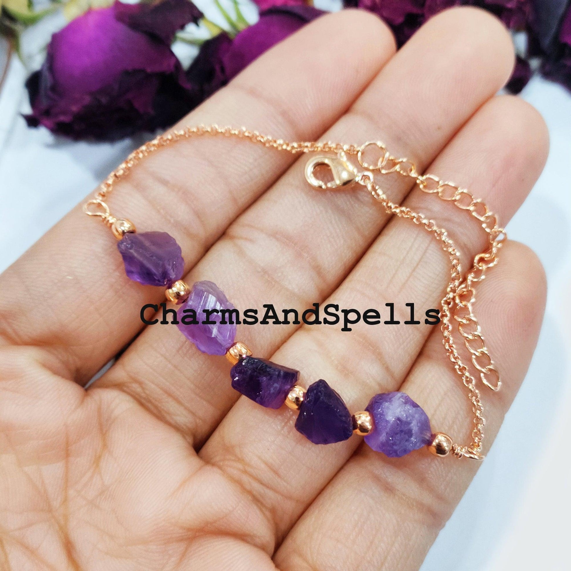 Raw Amethyst Bracelet, Raw Stone Bracelet, Healing Bracelet, Handmade Jewelry, Crystals Bracelet, Purple Amethyst Jewelry - Charms And Spells