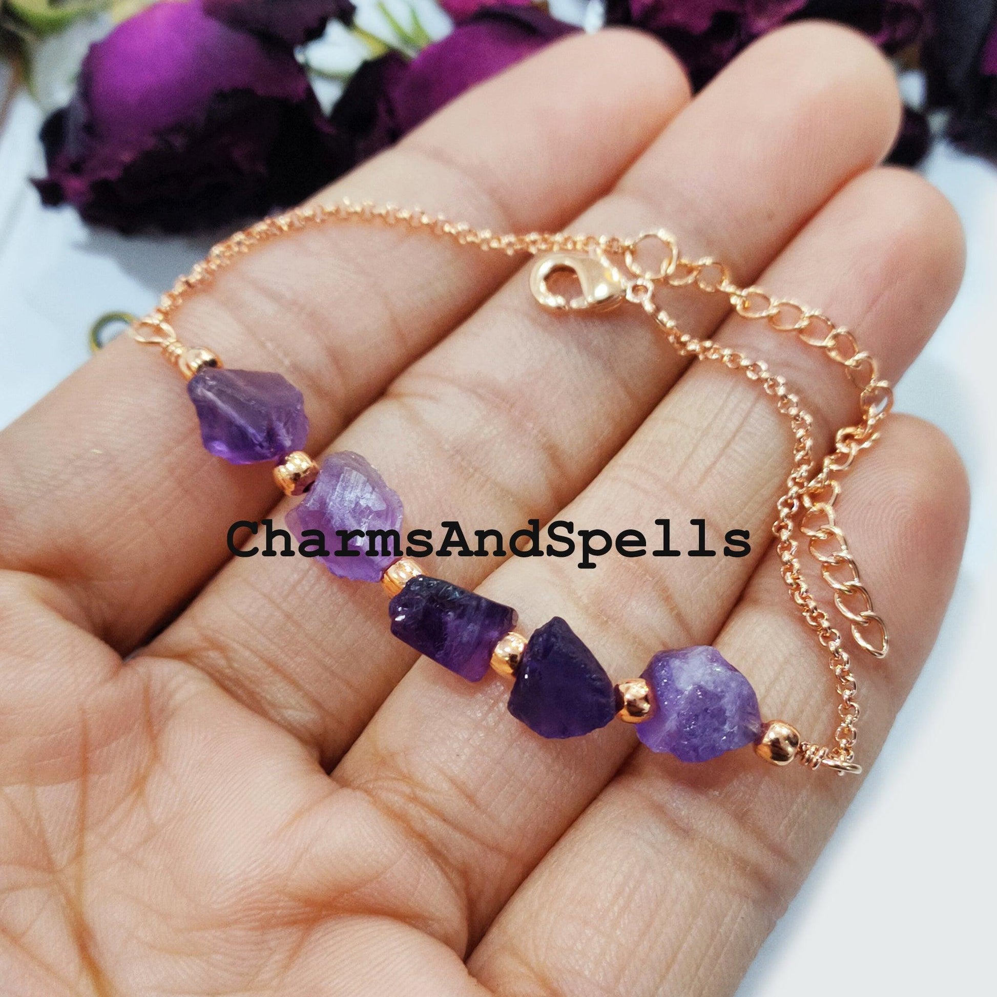 Raw Amethyst Bracelet, Raw Stone Bracelet, Healing Bracelet, Handmade Jewelry, Crystals Bracelet, Purple Amethyst Jewelry - Charms And Spells