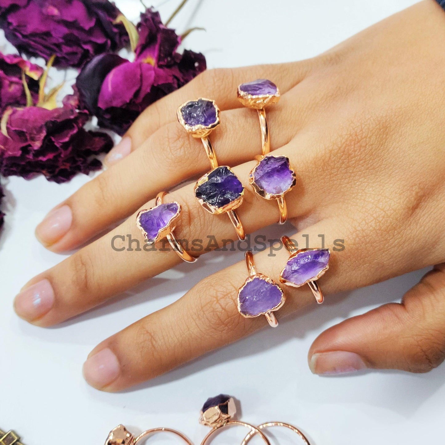 Rough Amethyst Ring, Electroplated Ring, Imitation Jewelry, Copper Ring, Ring For Women, Dainty Ring, Statement Ring - Charms And Spells