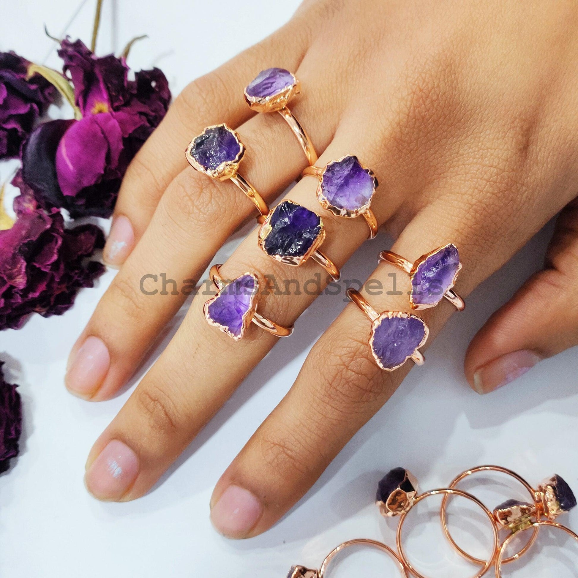 Rough Amethyst Ring, Electroplated Ring, Imitation Jewelry, Copper Ring, Ring For Women, Dainty Ring, Statement Ring - Charms And Spells