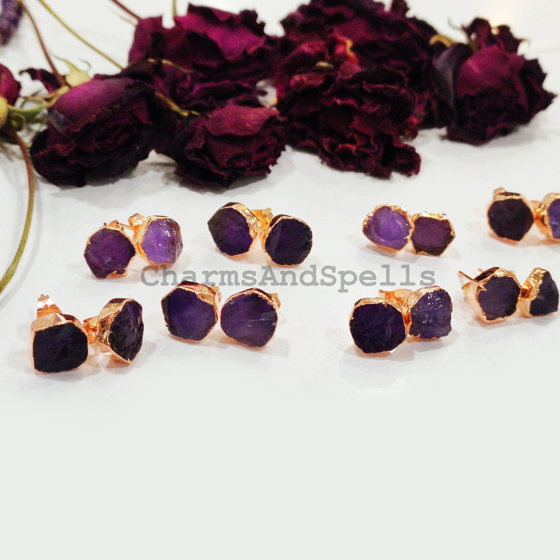 Raw Amethyst Electroplated Stud Earrings, Copper Jewelry, Amethyst Jewelry, Gemstone Earrings, Stud Earrings, Women earrings - Charms And Spells